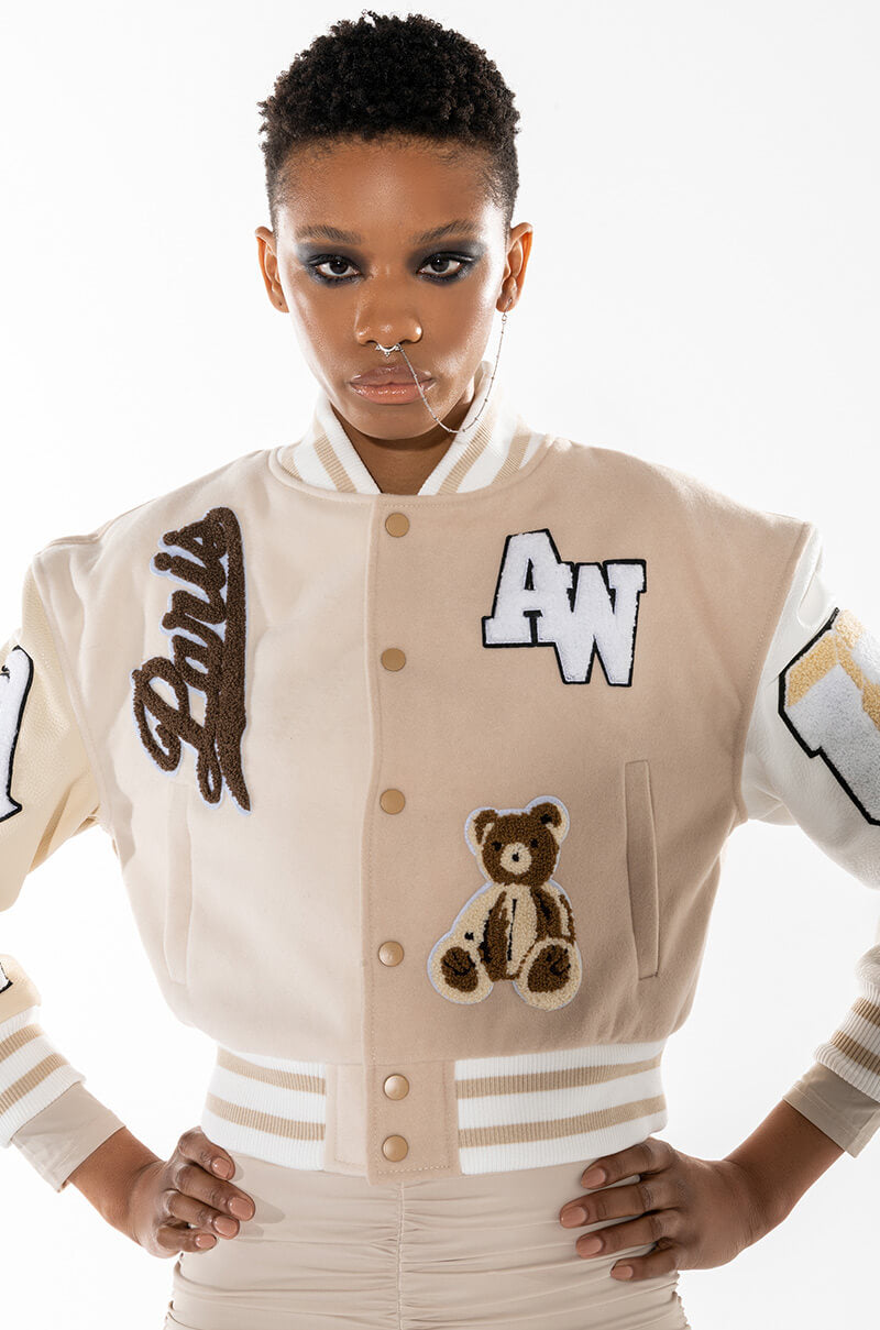 AZALEA WANG BEIGE RUELA VARSITY JACKET