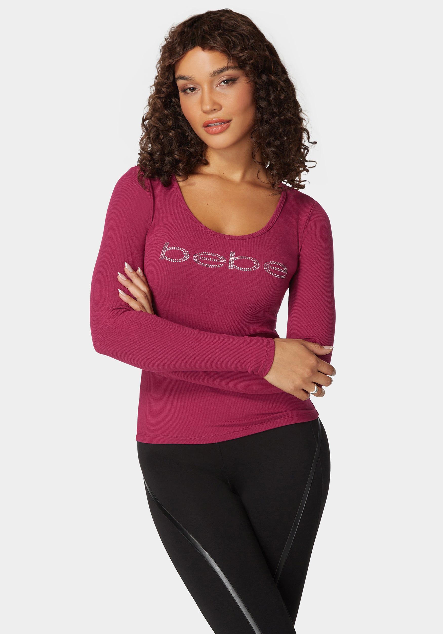 Long Sleeve Scoop Neck Bebe Logo Rib Top