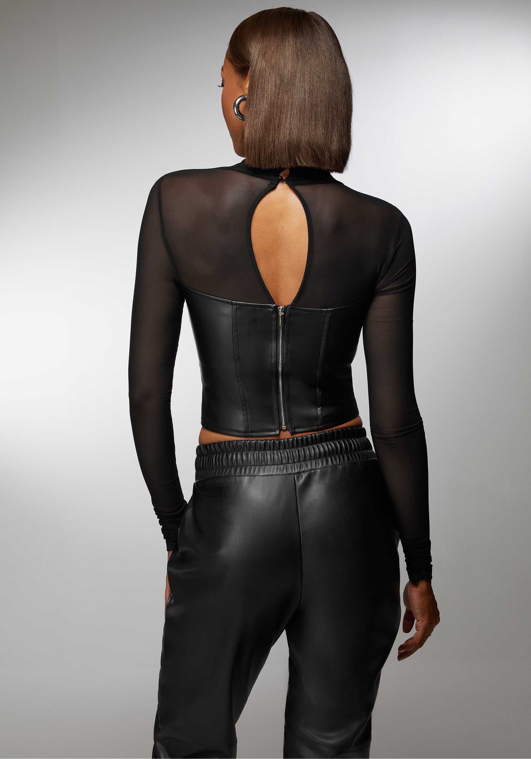 Mock Neck Mesh Combo Vegan Leather Top