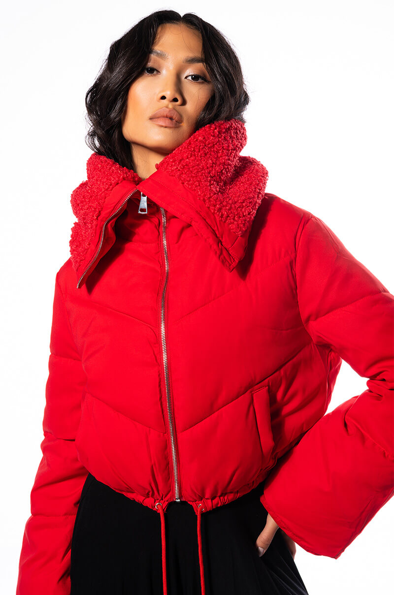 AMANDA CROP PUFFER WITH SHERPA COLLAR