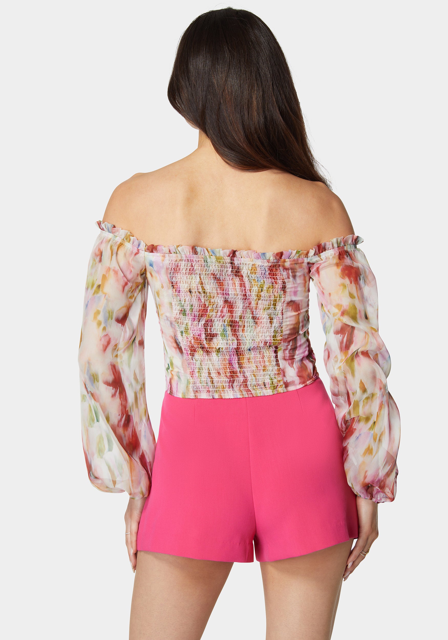 Printed Chiffon Cold Shoulder Ruched Top