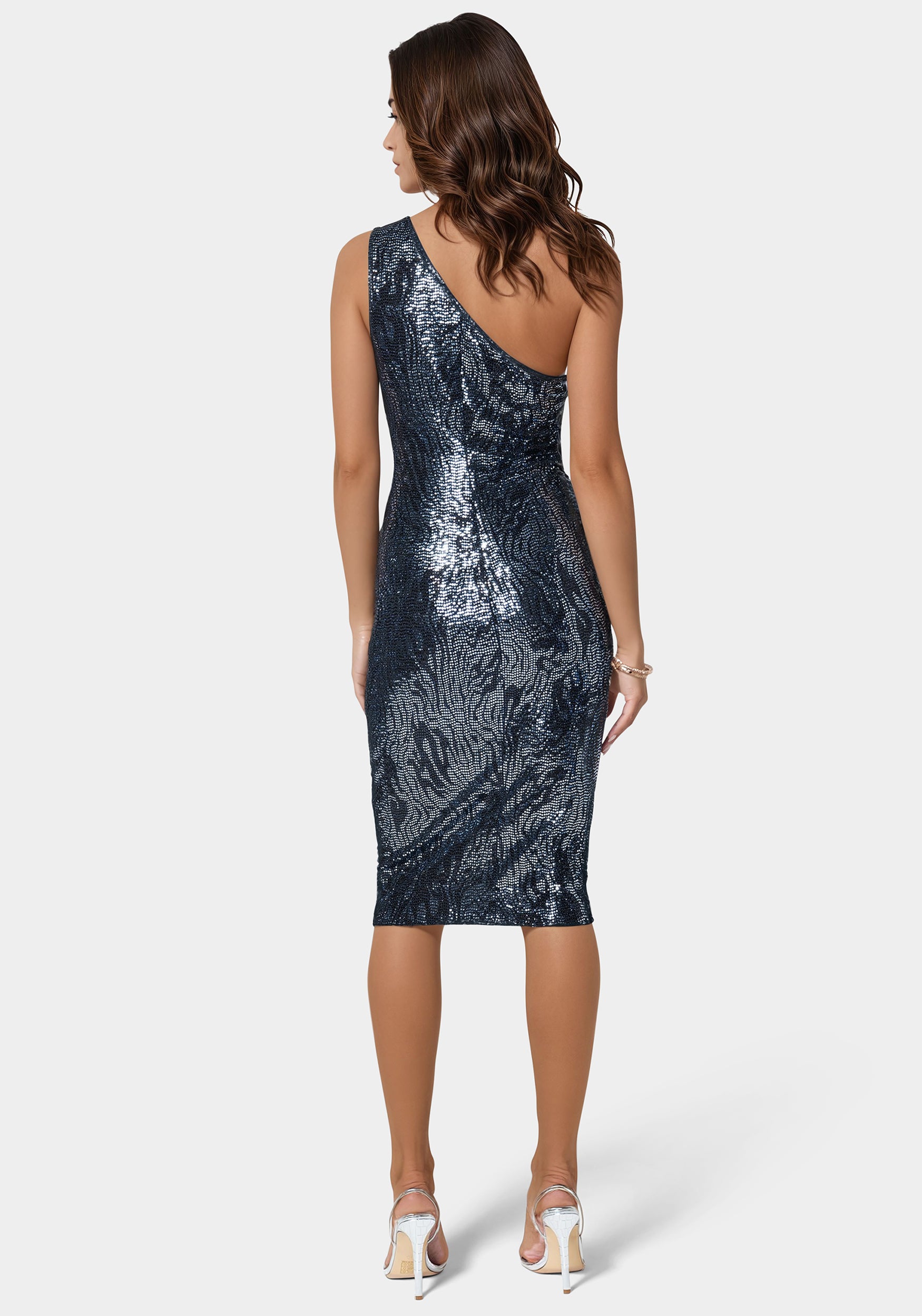 Zebra Sequin One Shoulder Midi Dress