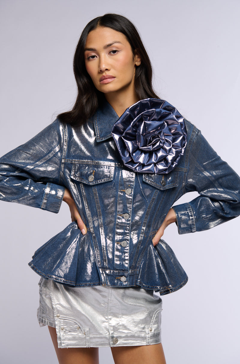 MONIQUE FLOWER DETAIL METALLIC DENIM JACKET