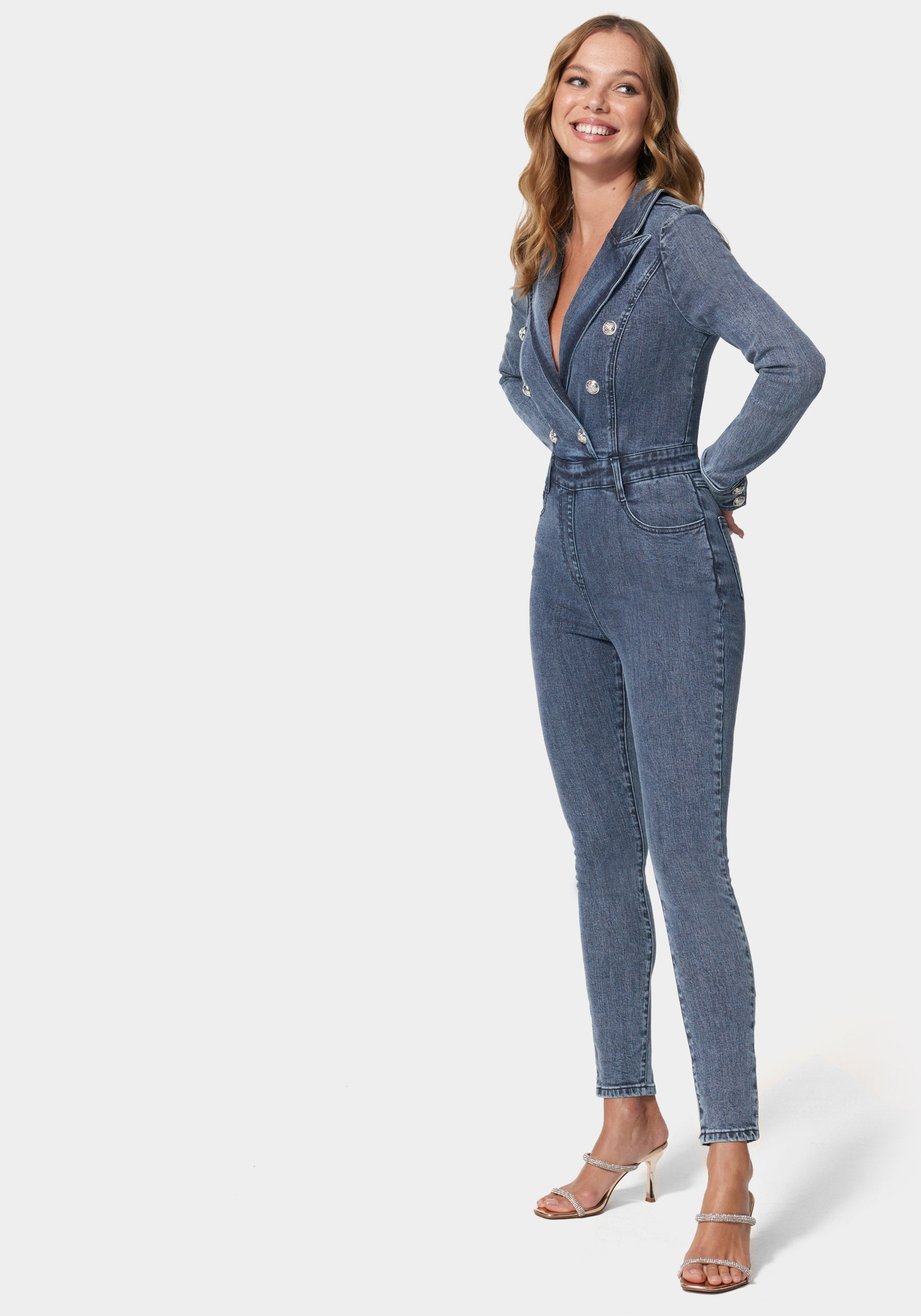 Double Breasted Skinny Leg Denim Jumpsuit