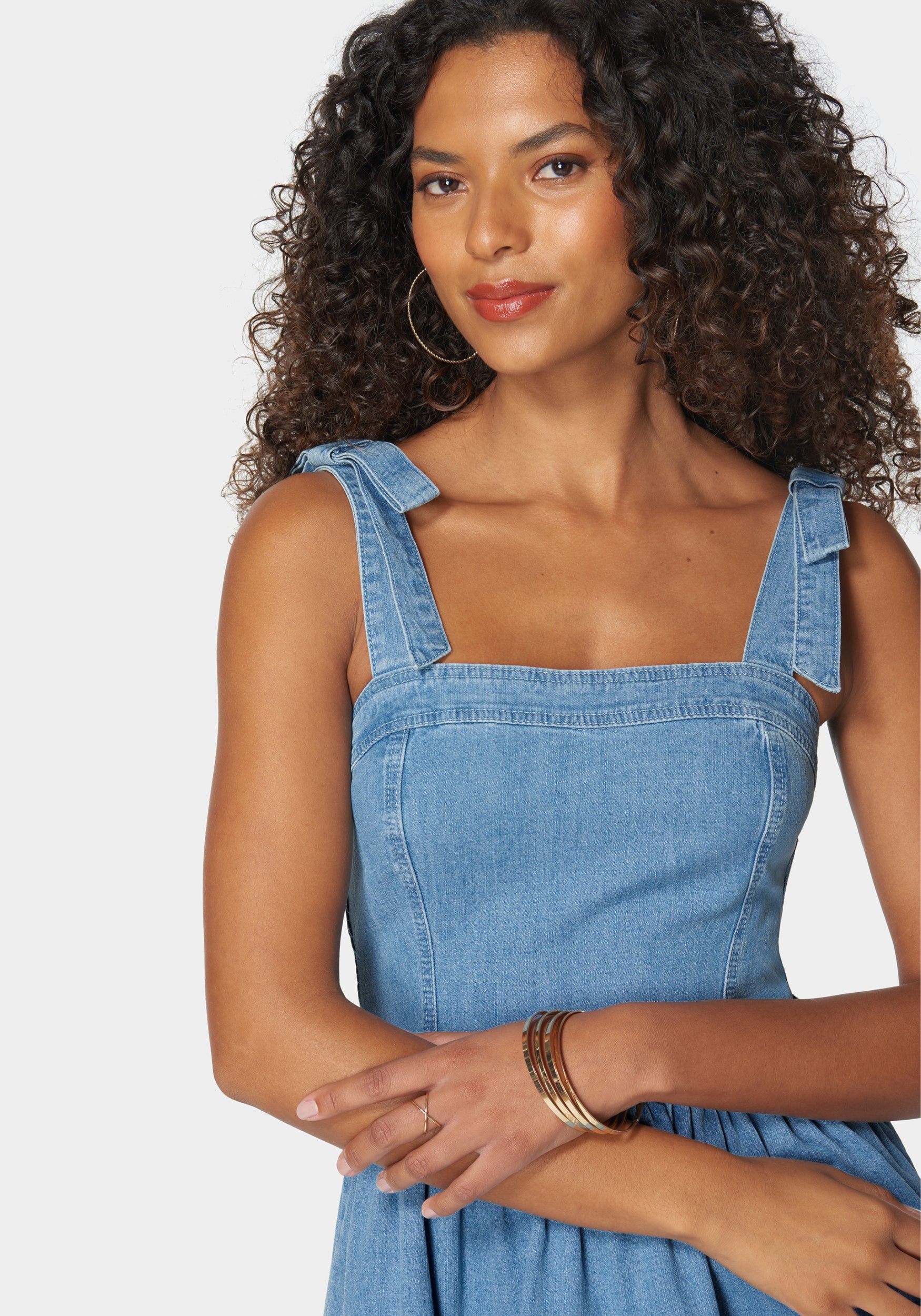 Bow Detail Fit And Flare Denim Dress