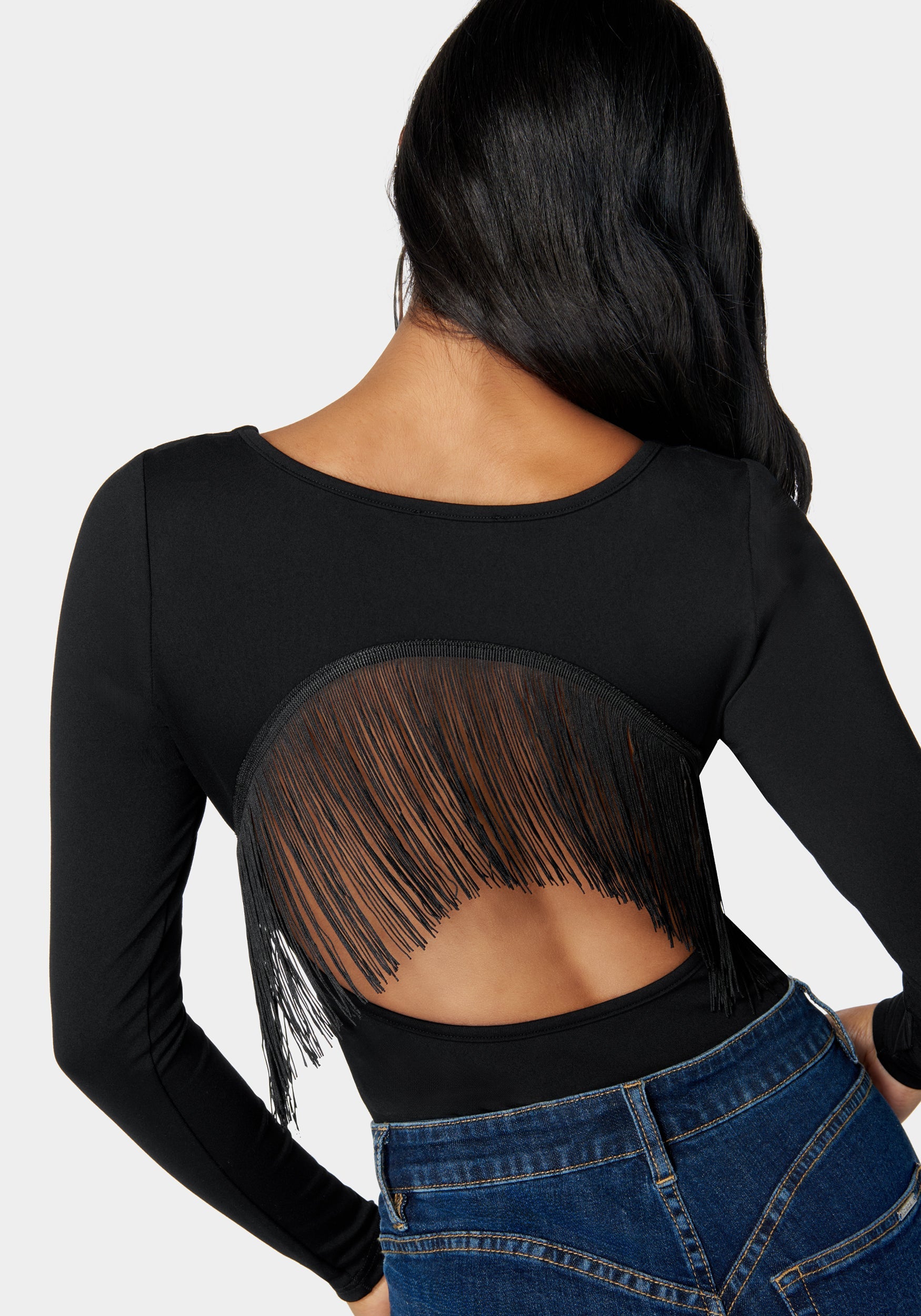 Open Back Fringe Trim Bodysuit