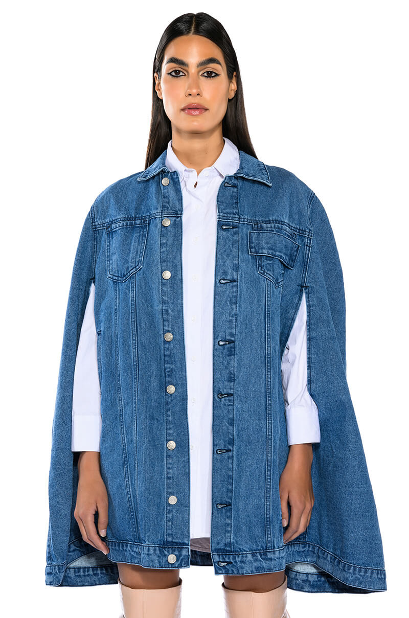 DON'T TALK LOUD DENIM TRENCH PONCHO