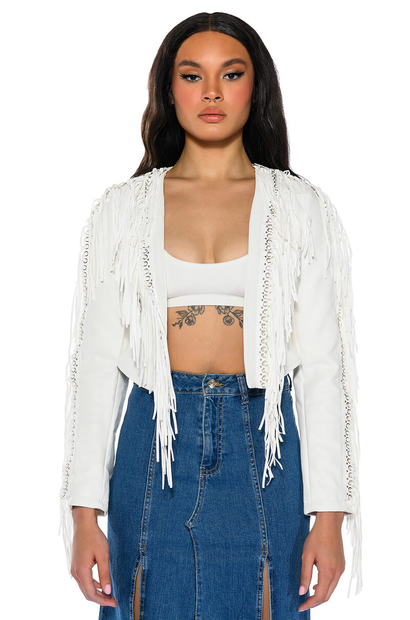 AZALEA WANG OLIVIER FRINGE JACKET IN WHITE