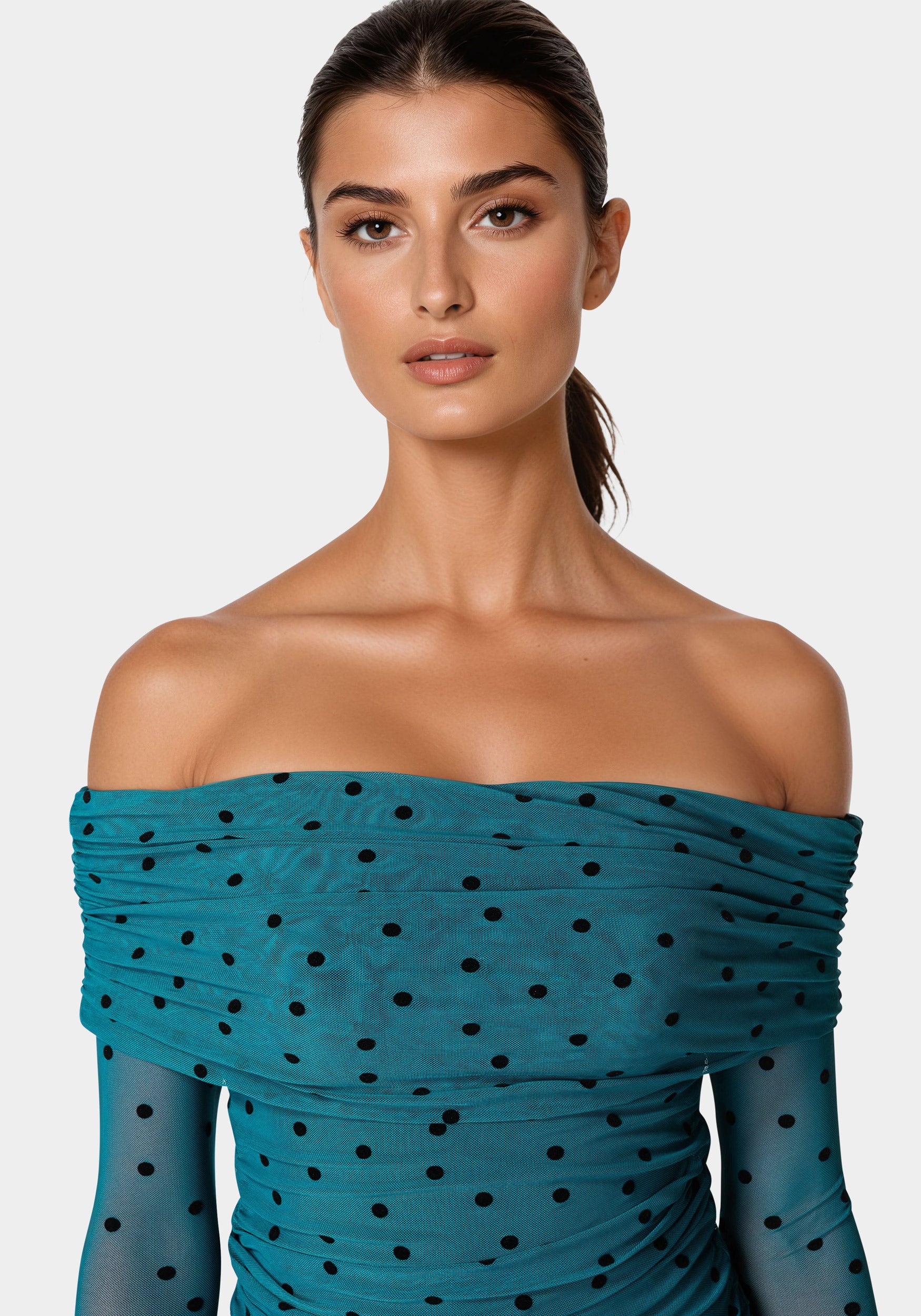 Off Shoulder Flocked Mesh Top