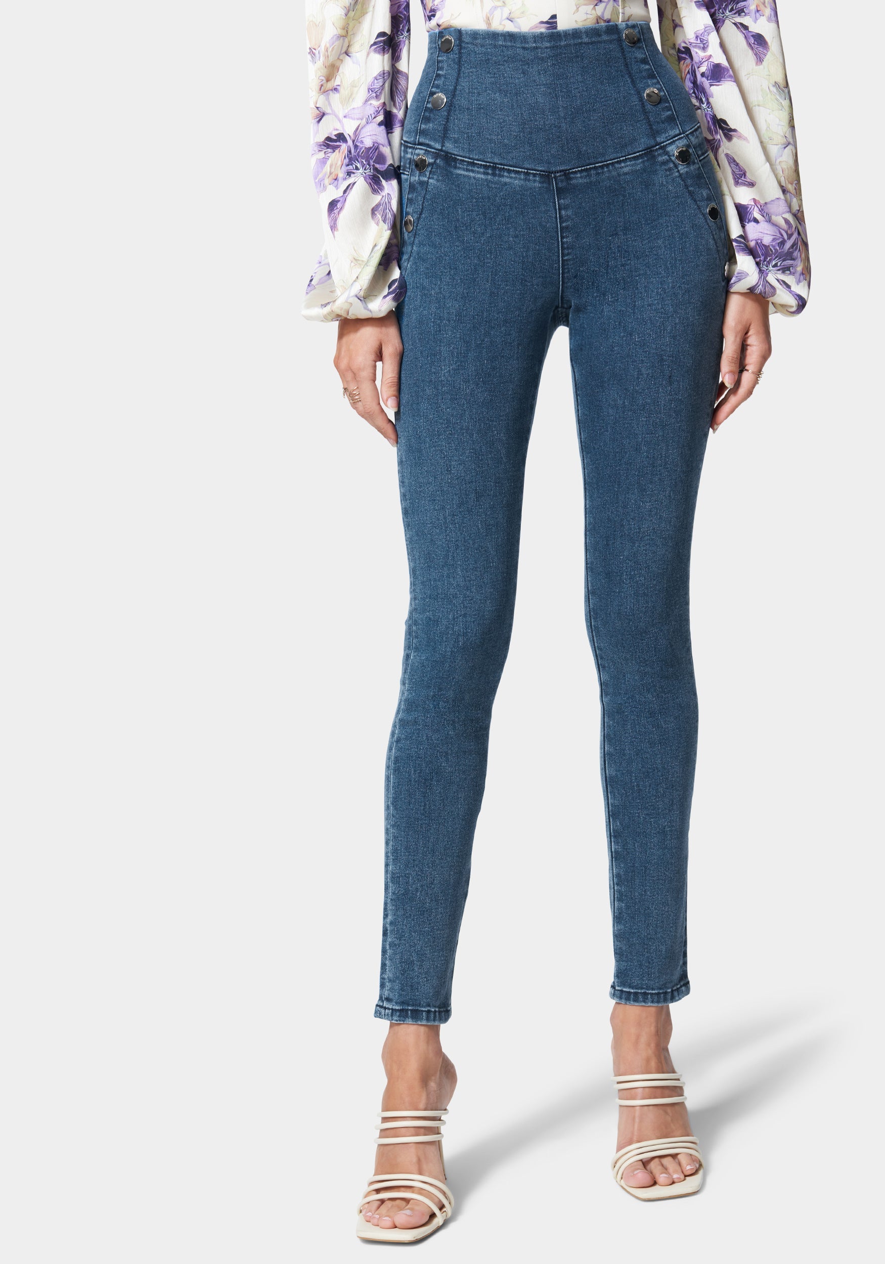 High Waisted Button Detail Skinny Jeans