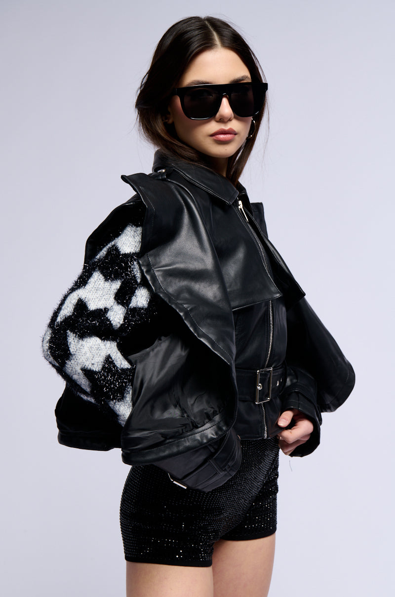 HOT SHOT SHARP OPEN SHOULDER MOTO JACKET IN BLACK