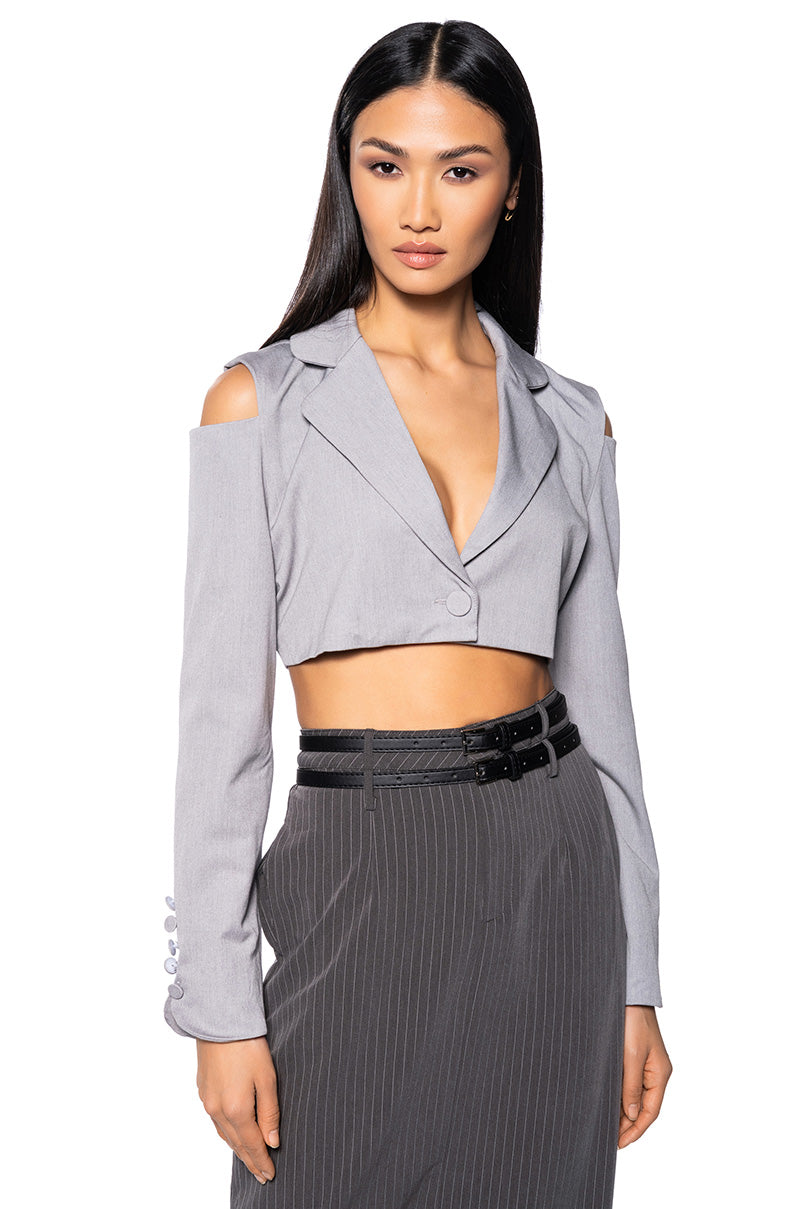 CLOCKING OUT CROP COLD SHOULDER BLAZER