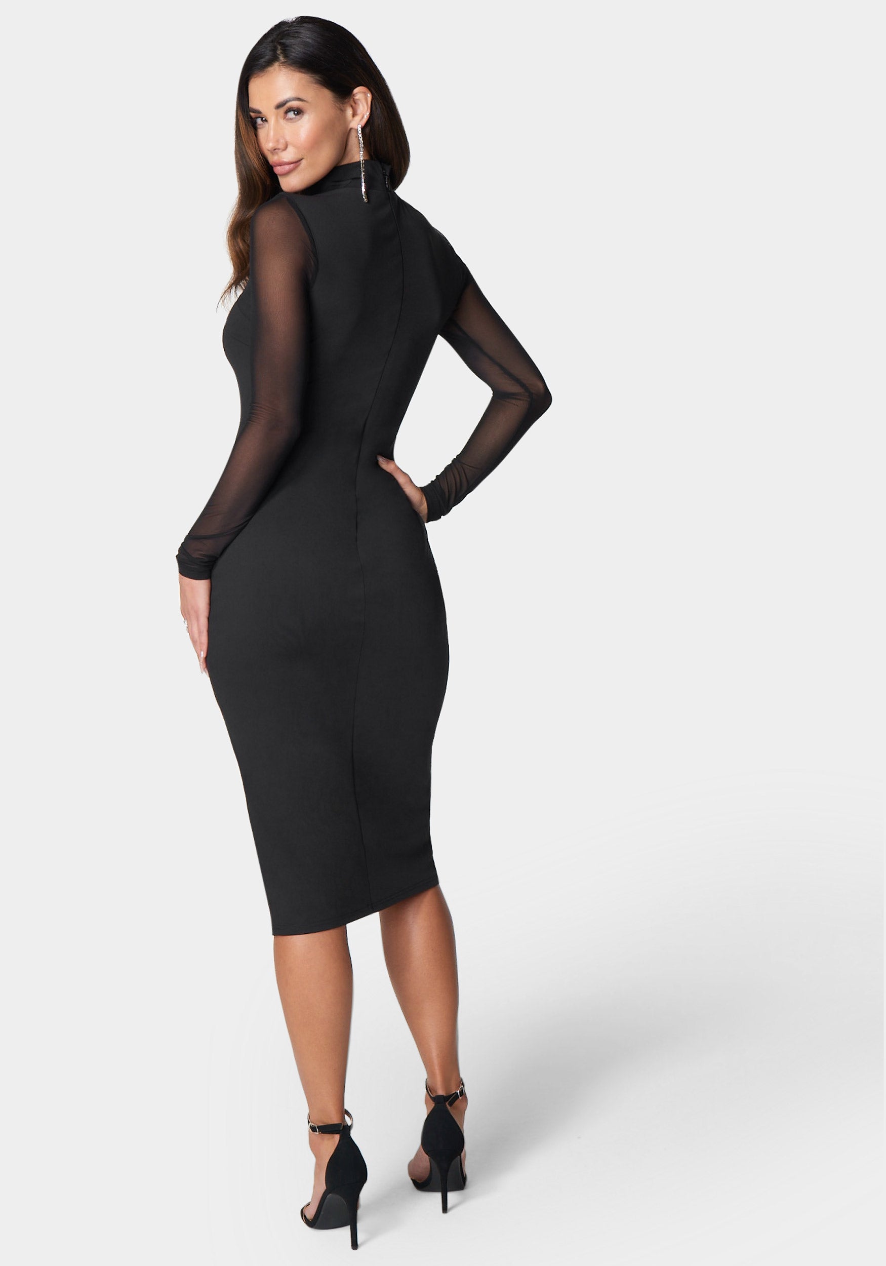 Mesh Inset Long Sleeve Midi Dress