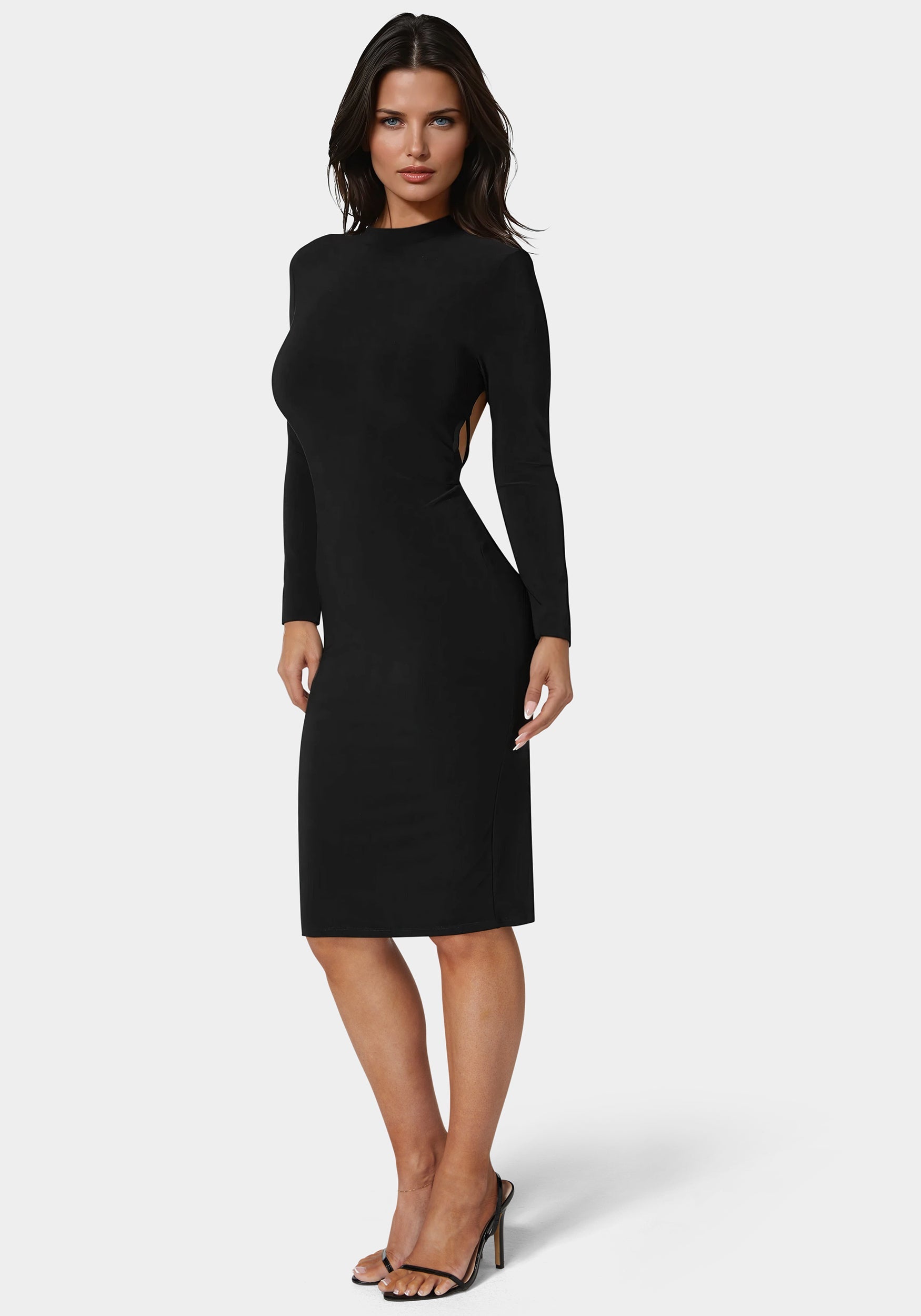 Low Back Mock Neck Long Sleeve Midi Dress