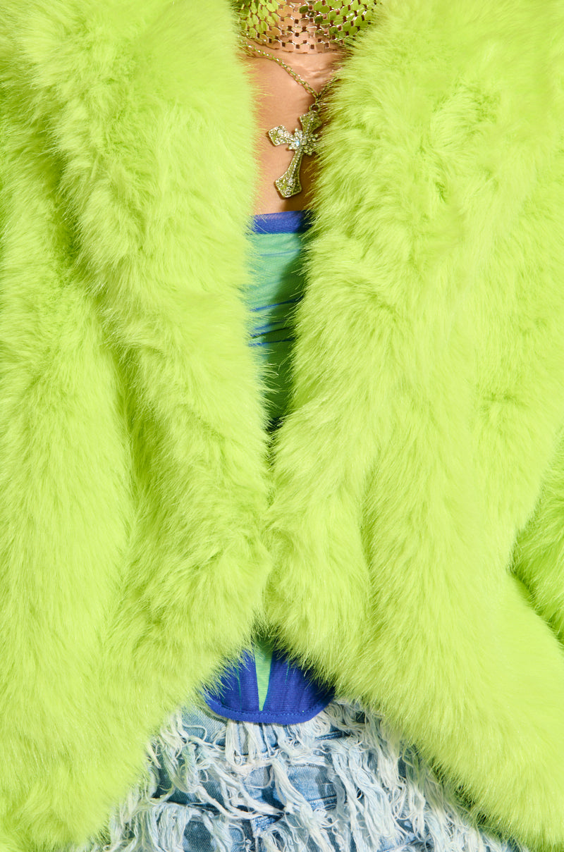 LANA HOODED FAUX FUR COAT IN LIME