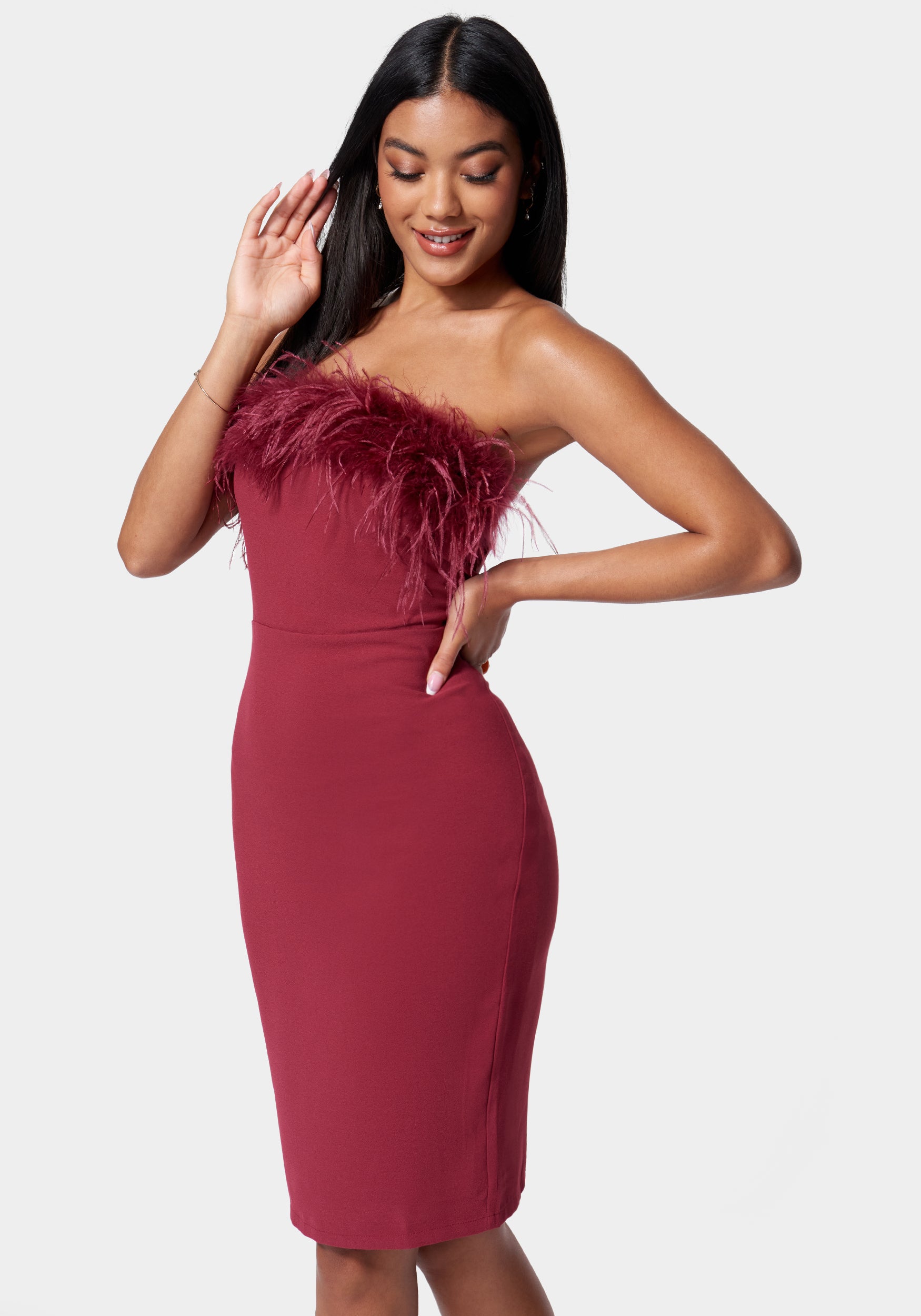 Feather Trim Strapless Midi Dress