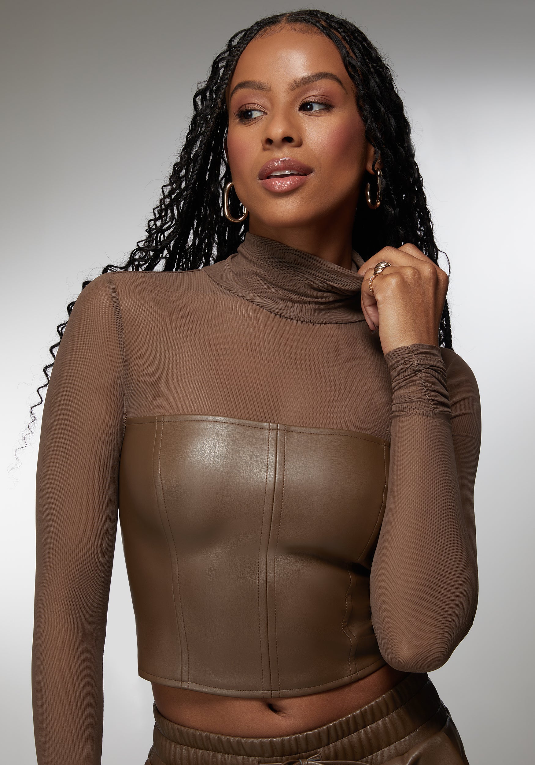 Mock Neck Mesh Combo Vegan Leather Top