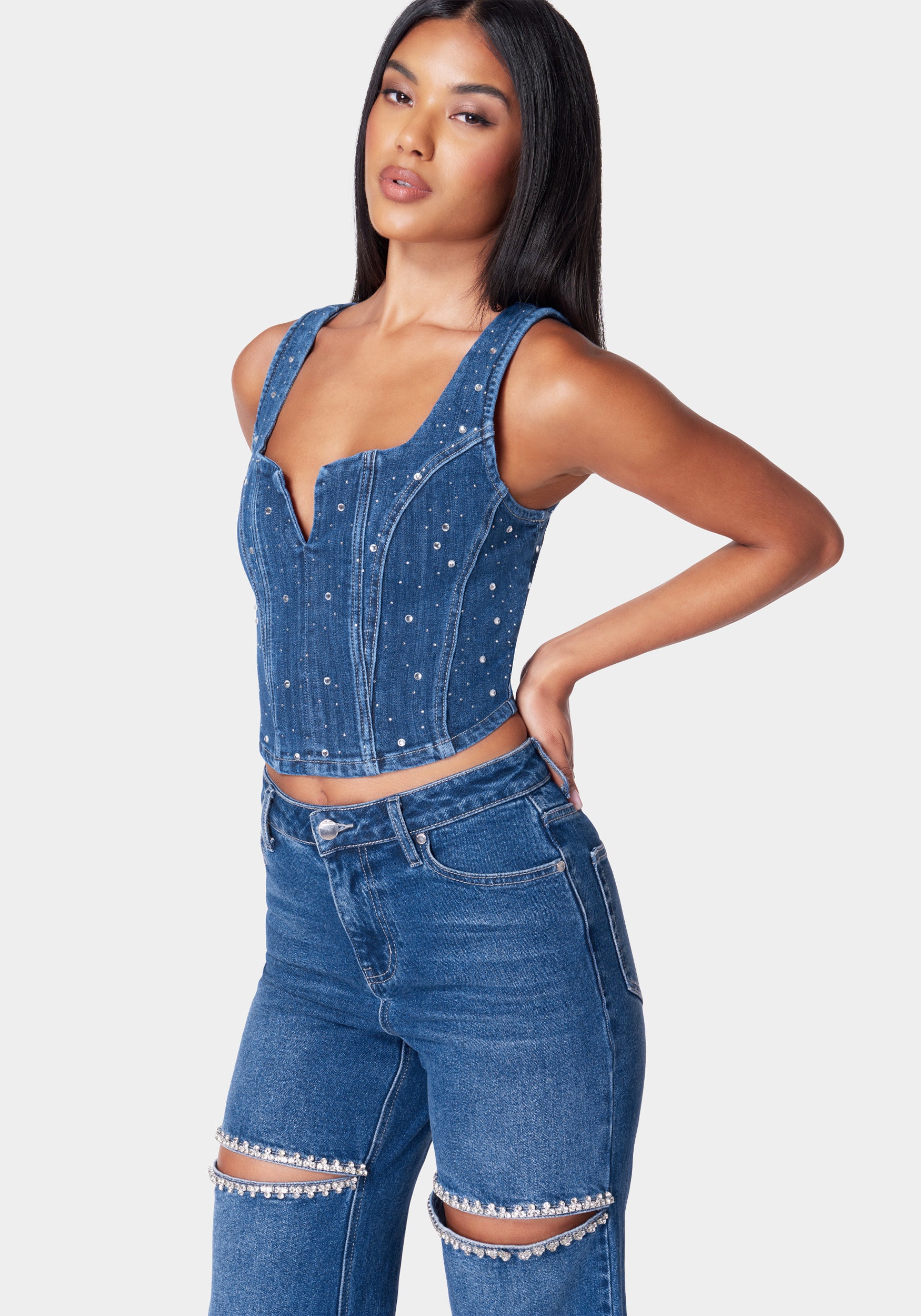 Rhinestone Detail Denim Bustier