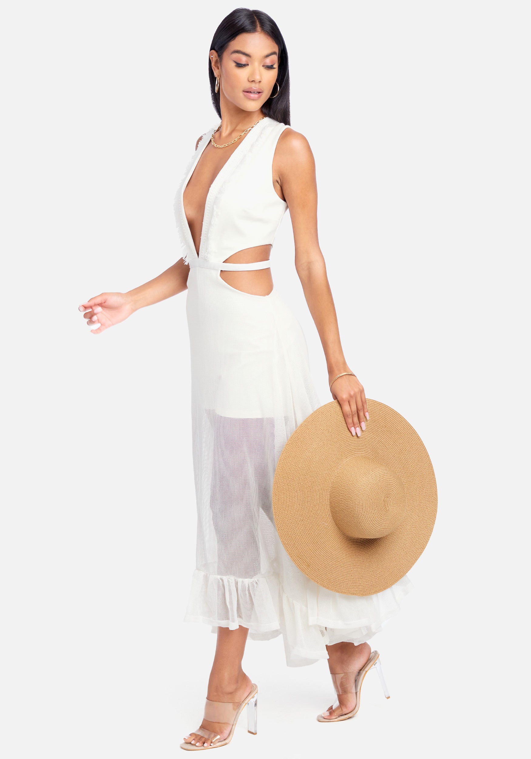 Fringe Mesh Plunge Maxi Gown