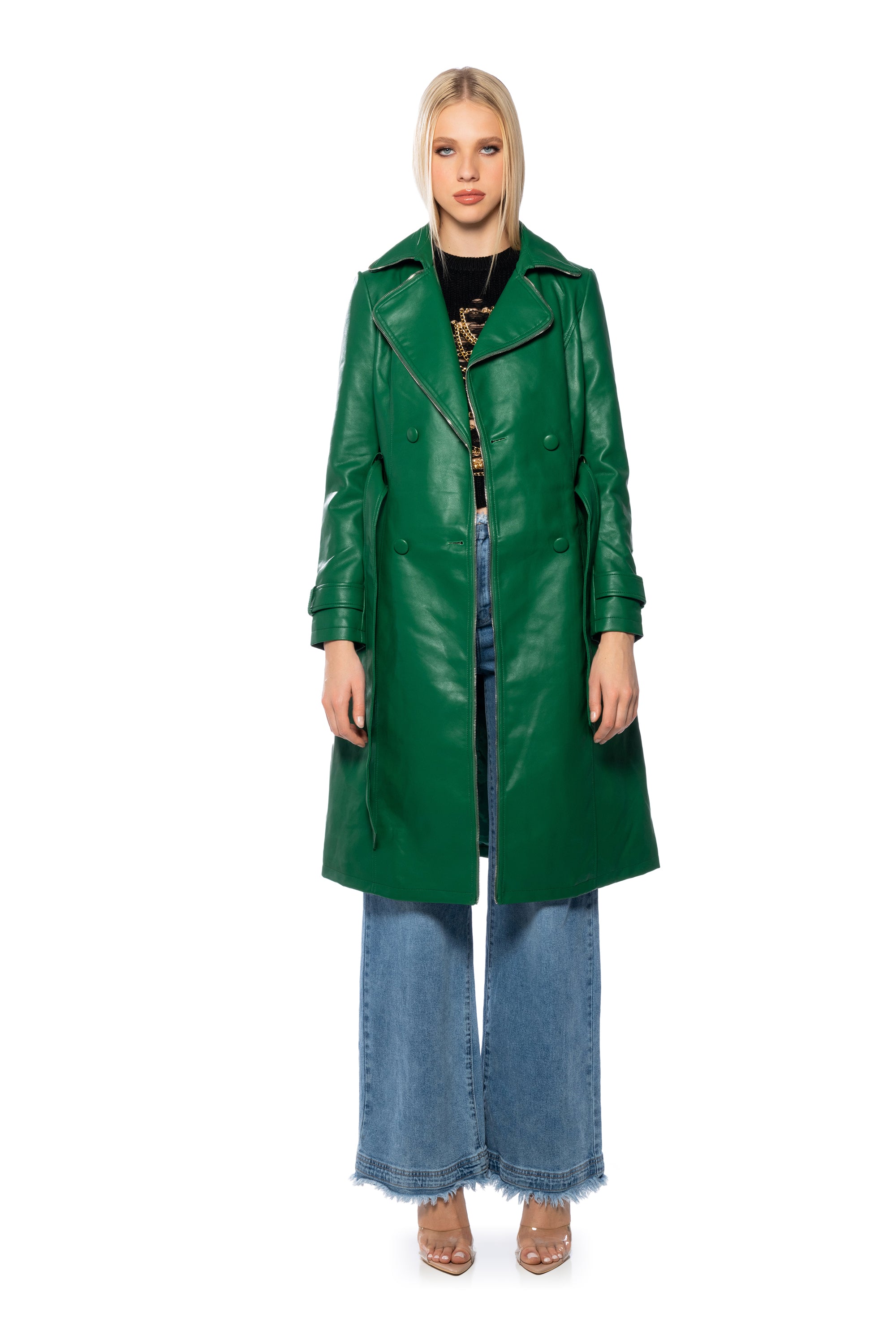 SANDO GREEN PLEATHER TRENCH COAT WITH ZIPPER TRIM