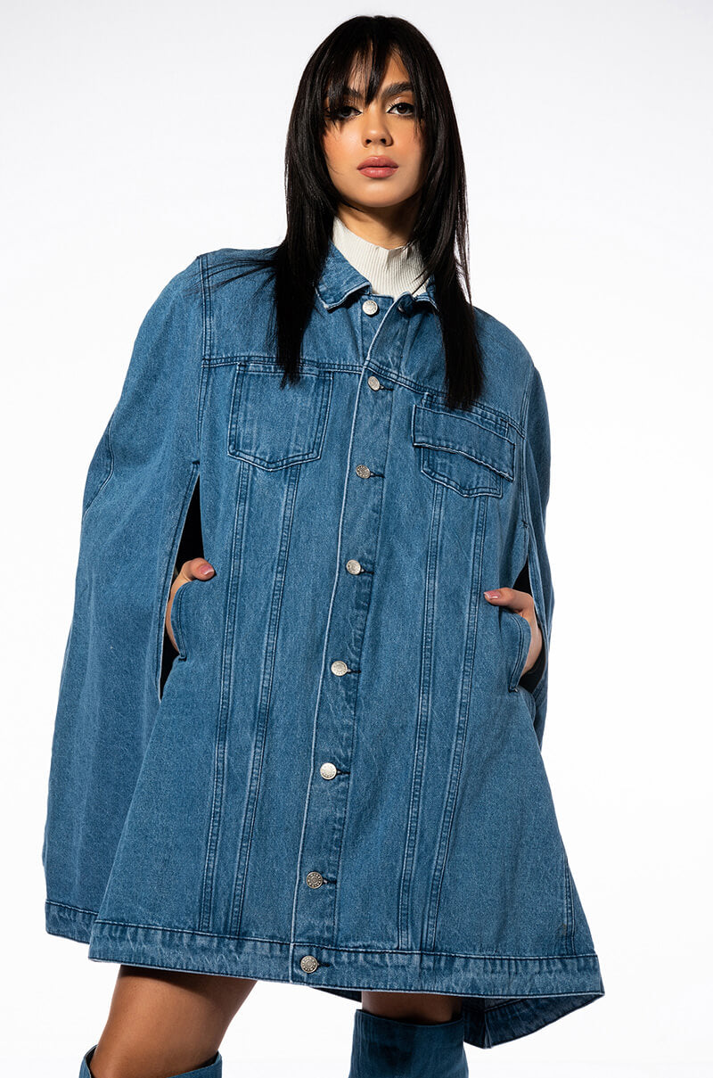 DON'T TALK LOUD DENIM TRENCH PONCHO