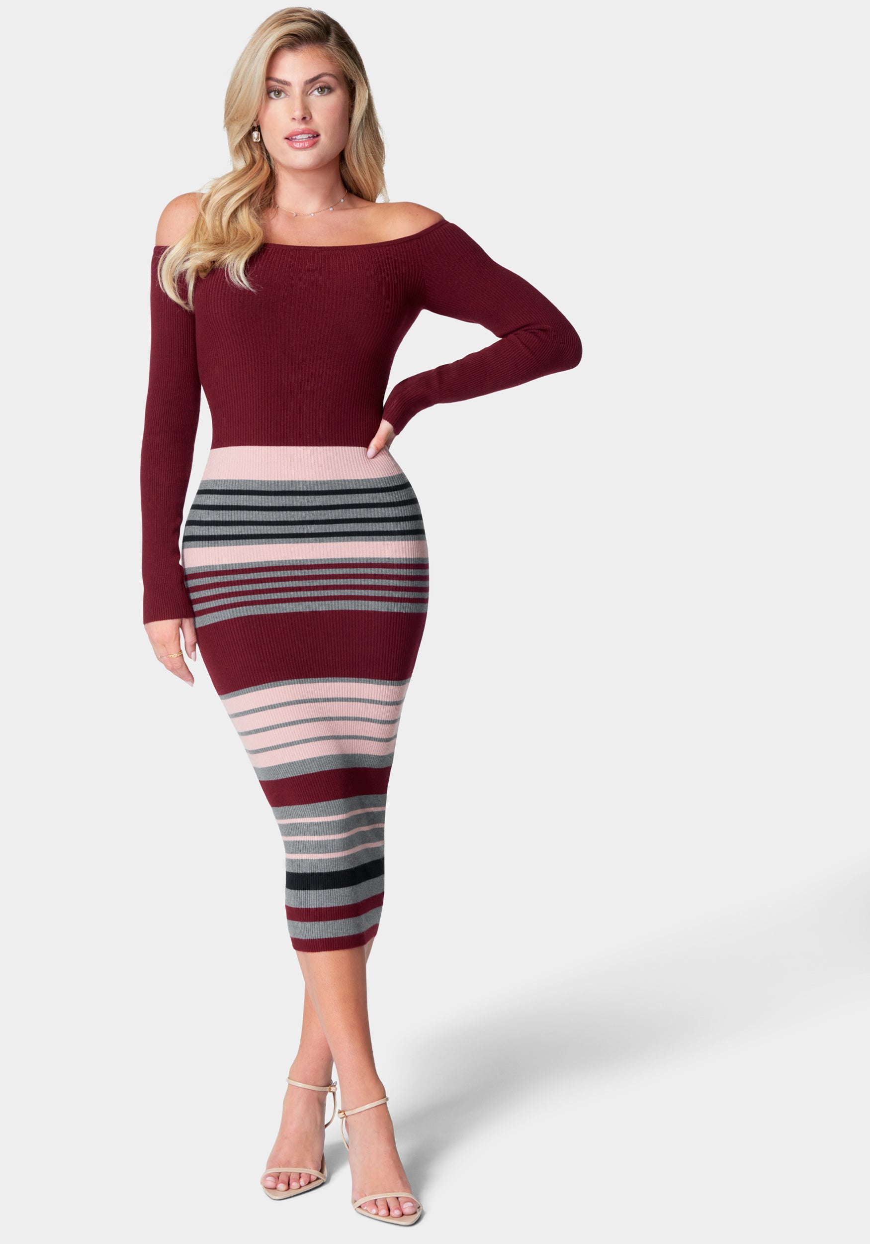 Off Shoulder Stripe Midi Dress