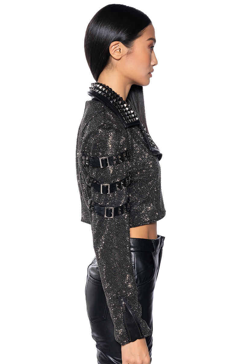 NEFELI LUXE RHINESTONE STUD MOTO JACKET