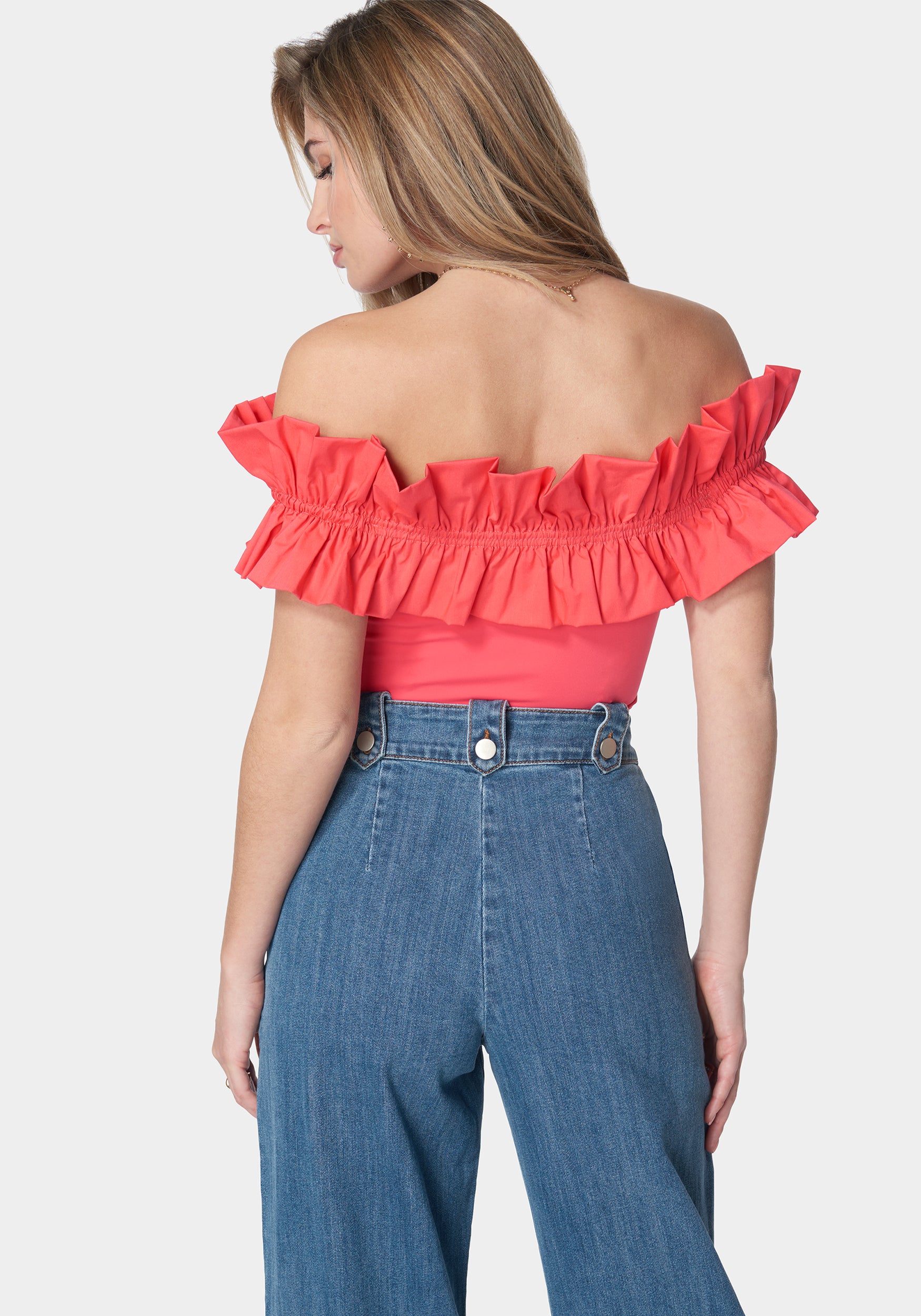 Off Shoulder Poplin Ruffle Knit Bodysuit