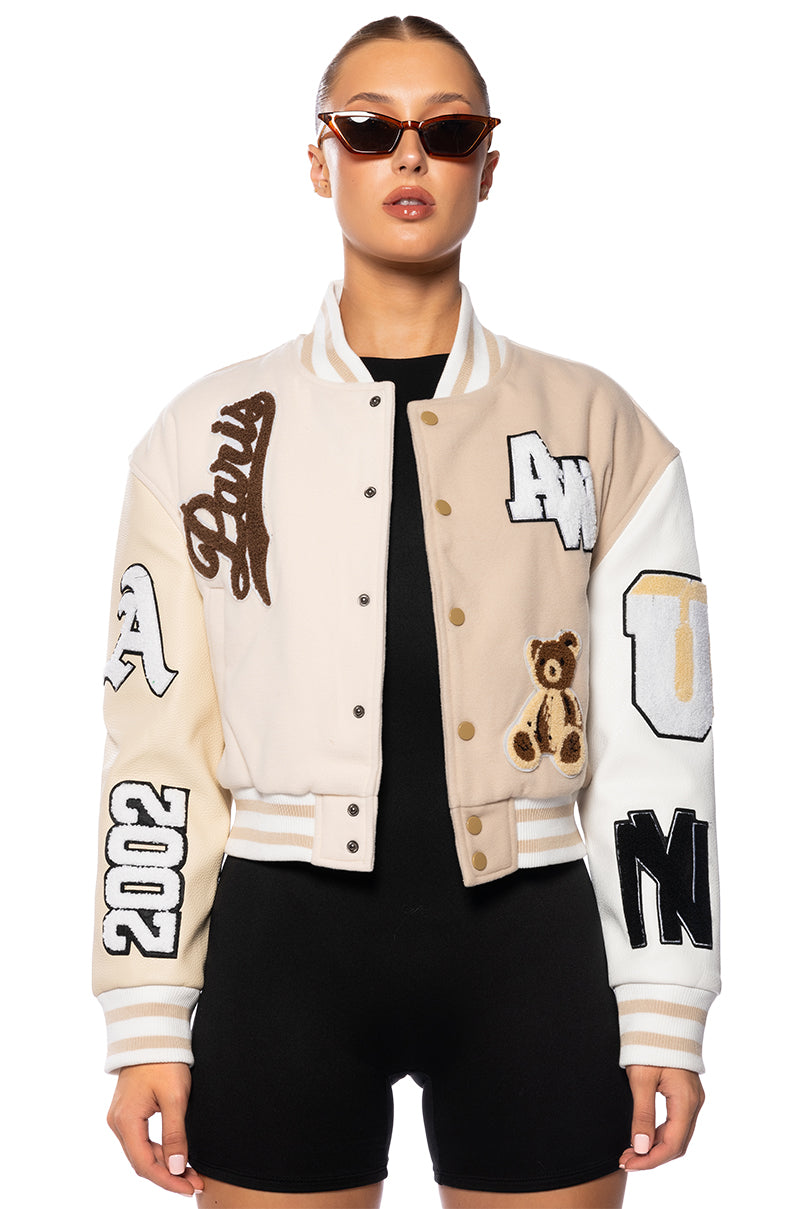 AZALEA WANG BEIGE RUELA VARSITY JACKET