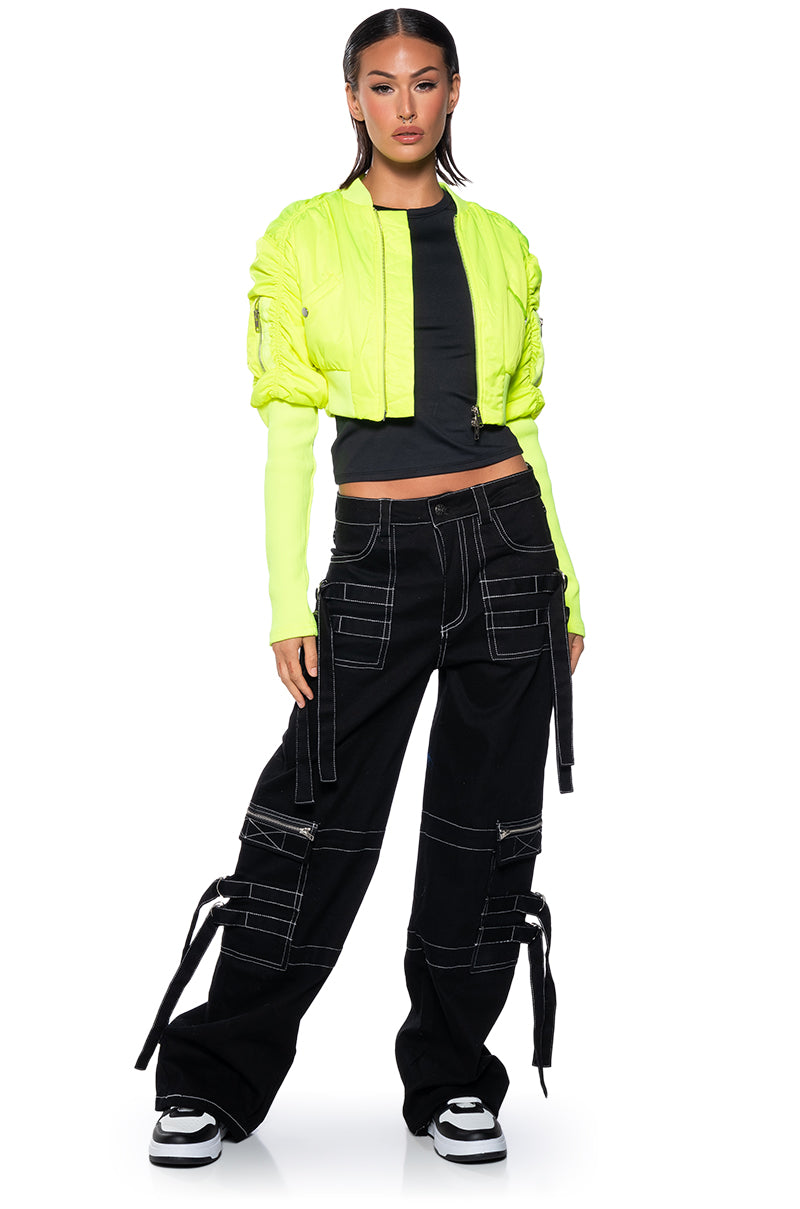 BABBS SKINNY ARM BOMBER JACKET IN NEON YELLOW