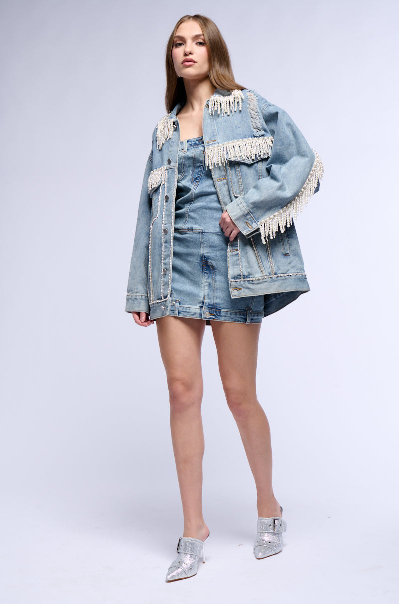 SHOW STOPPER PEARL EMBELLISHED DENIM JACKET