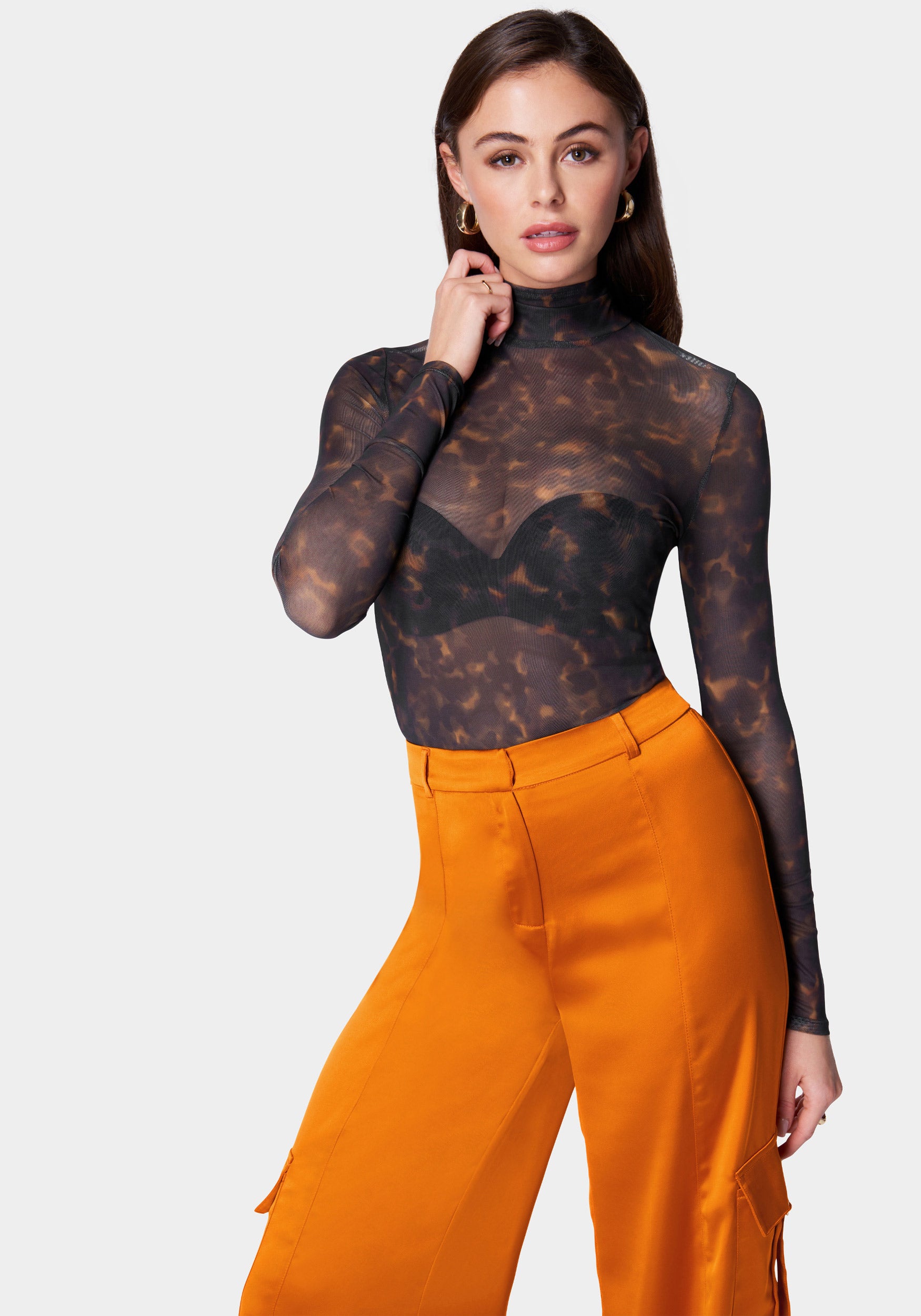 Mock Neck Printed Mesh Top