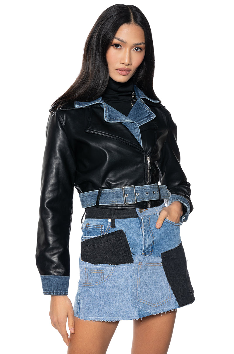 DOUBLE TROUBLE DENIM MOTO JACKET