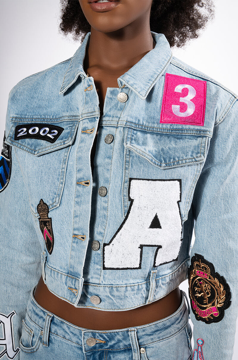 COLLEGIATE OUT OF YOUR LEAGUE PATCHED DENIM JACKET