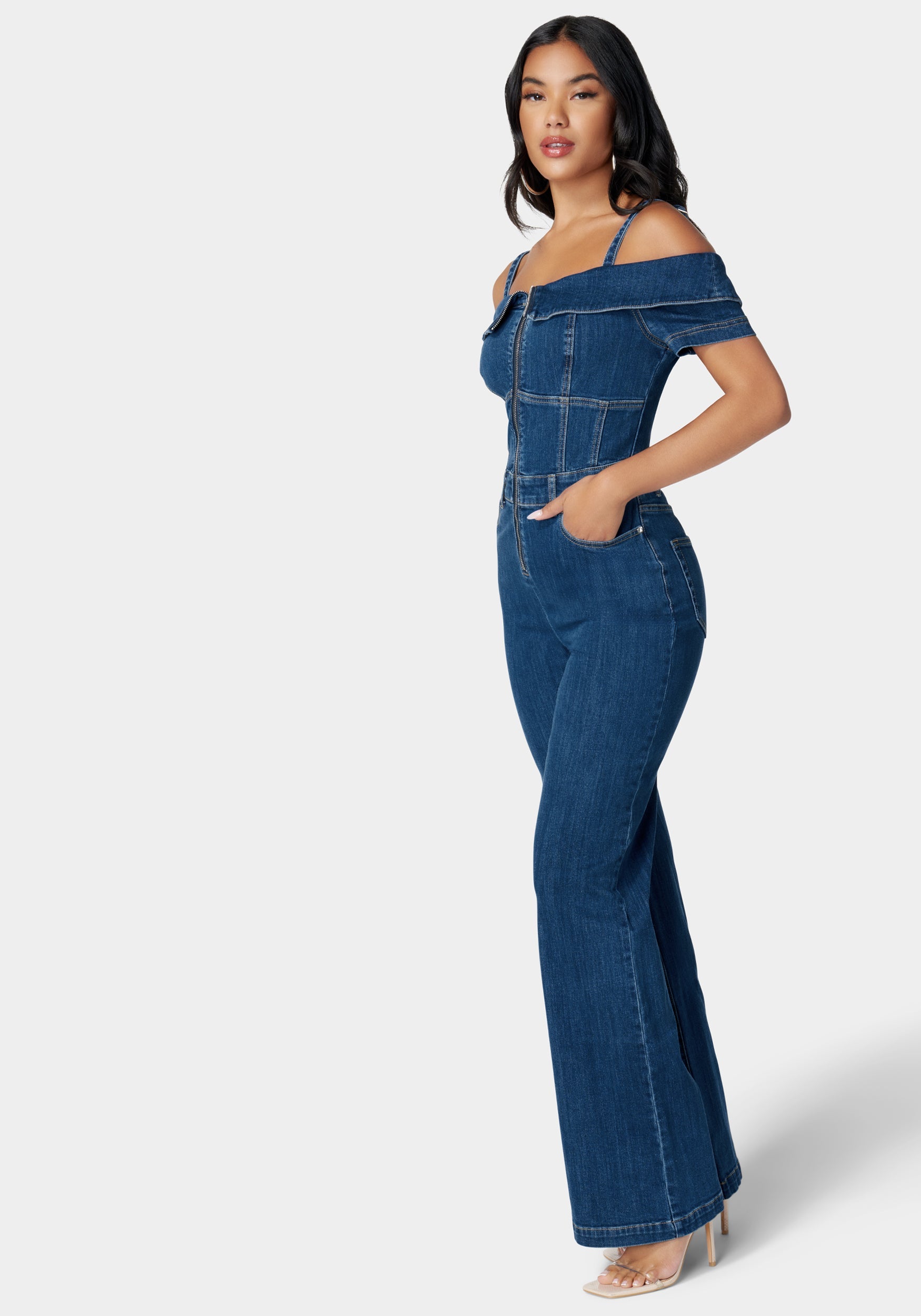 Off Shoulder Zip Front Wide Leg Denim Jumpsuit