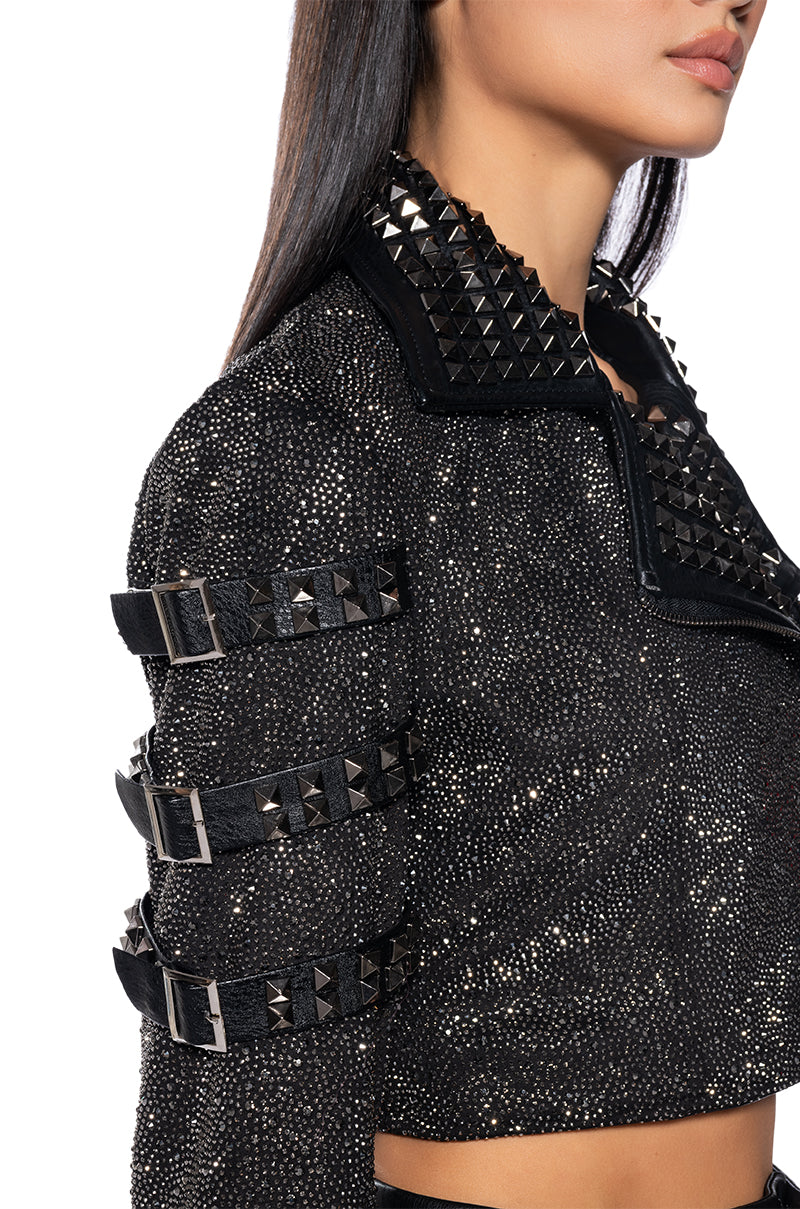 NEFELI LUXE RHINESTONE STUD MOTO JACKET