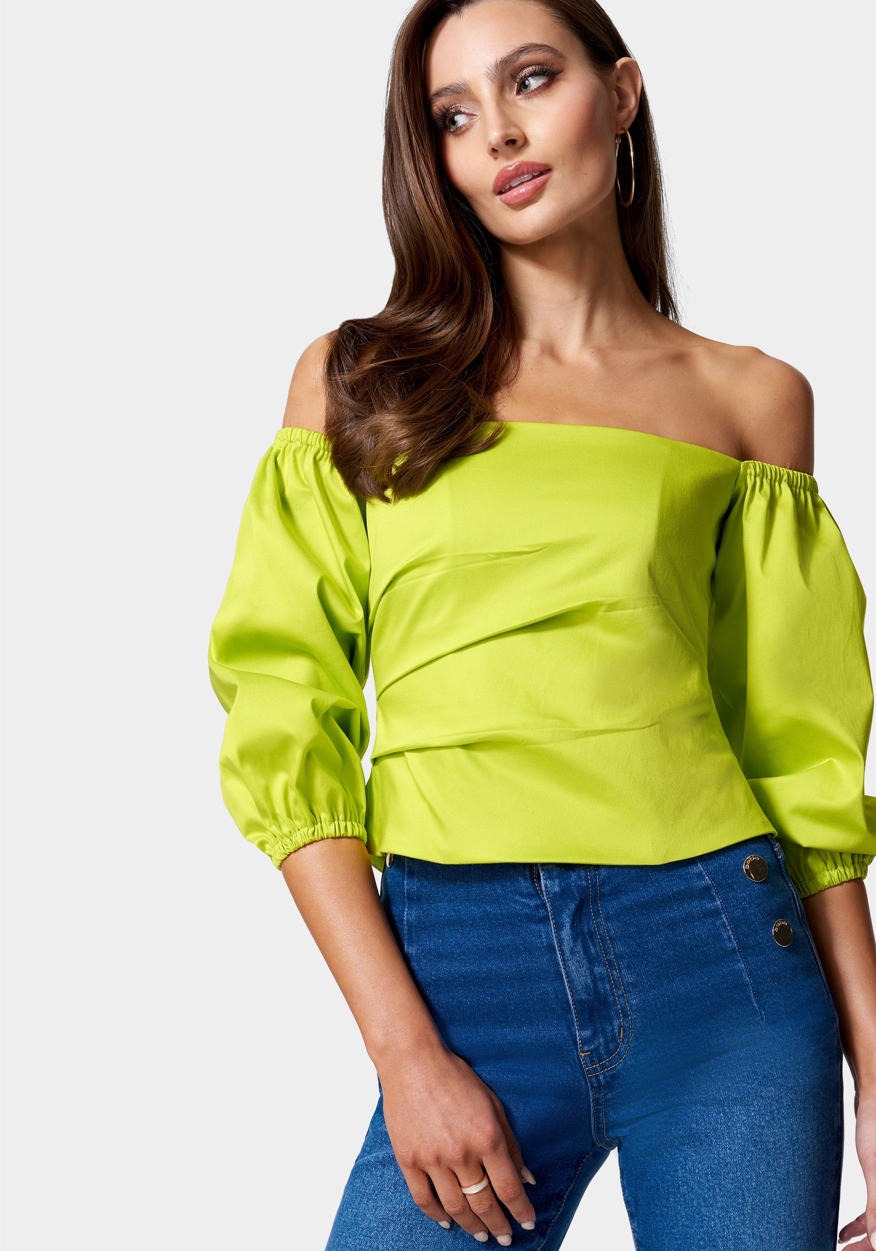 Poplin Bubble Sleeve Off Shoulder Draped Top