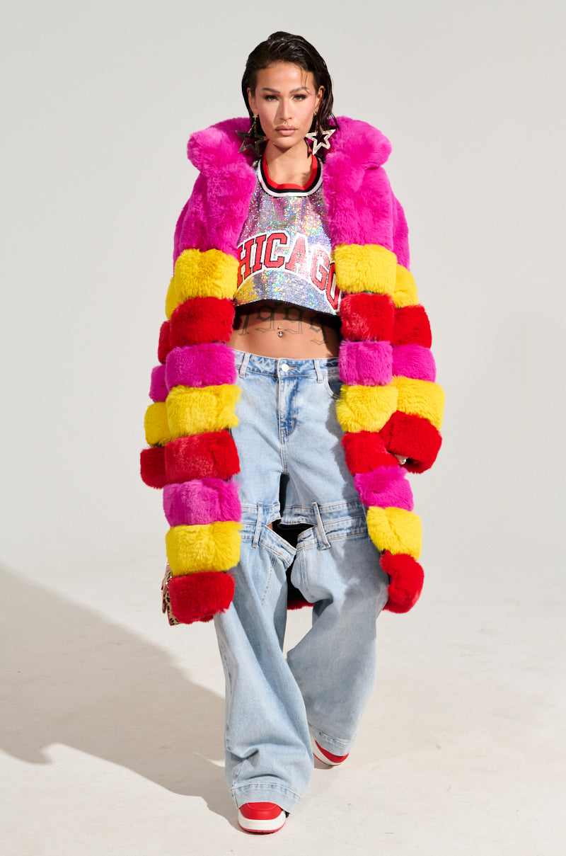 RAMI MULTI COLOR FAUX FUR PANEL TRENCH COAT