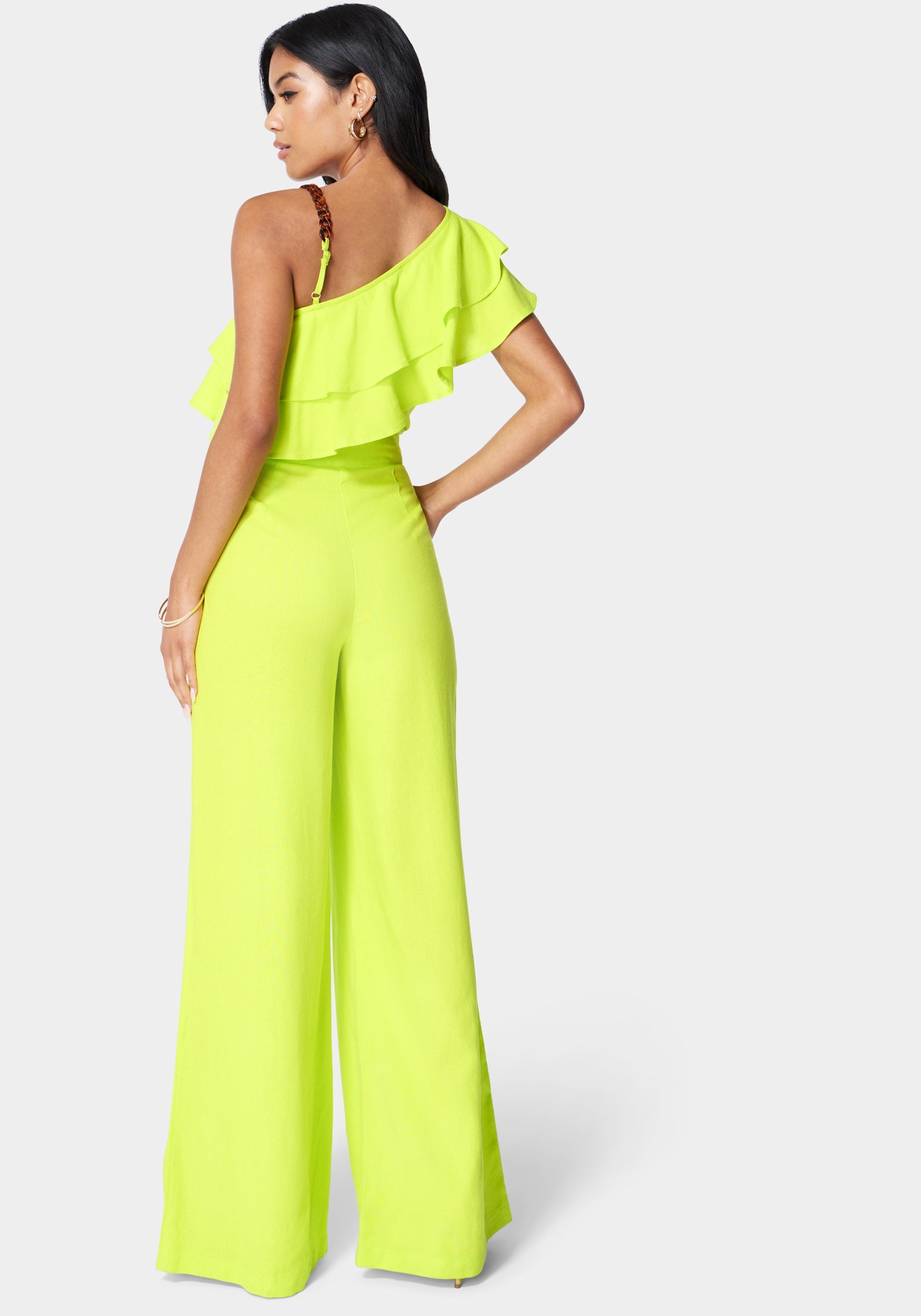 Asymmetric Ruffle Neck Wide Leg Jumpsuit