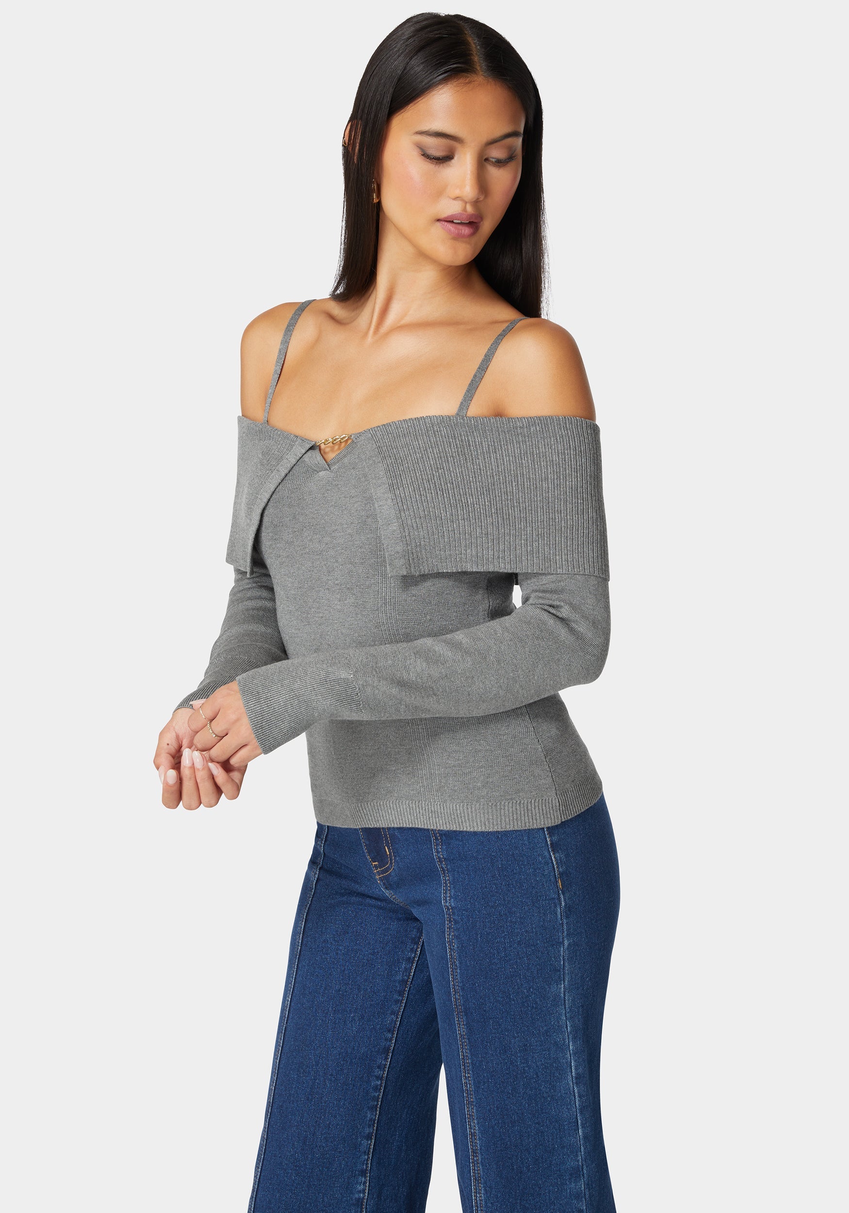 Off Shoulder Fold Over Chain Detail Sweater