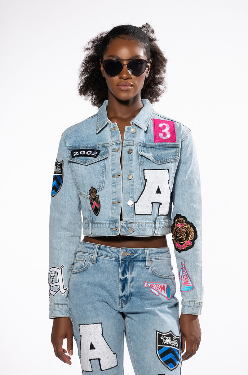 COLLEGIATE OUT OF YOUR LEAGUE PATCHED DENIM JACKET