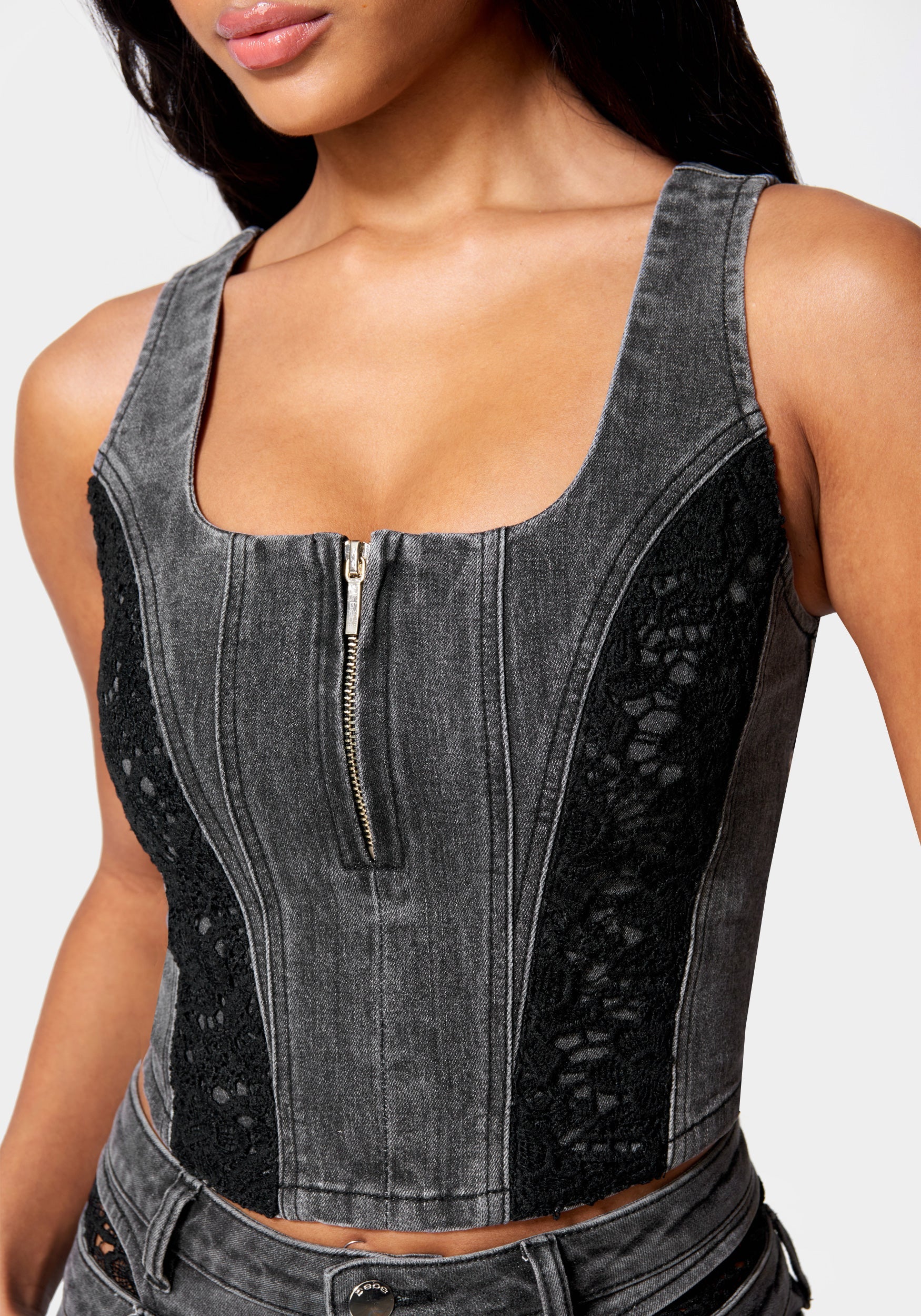 Lace Insert Denim Bustier