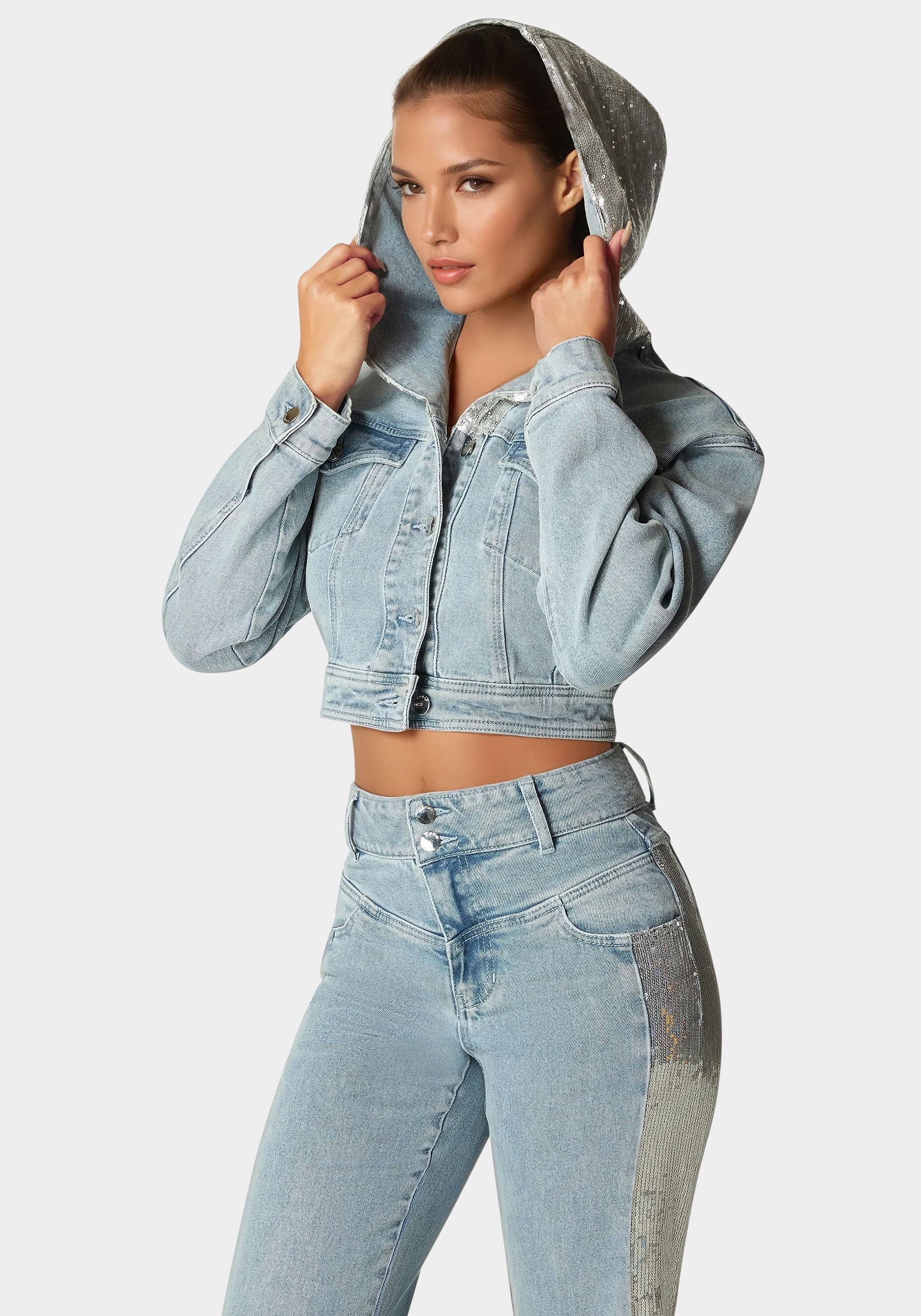 Sequin Hooded Denim Jacket