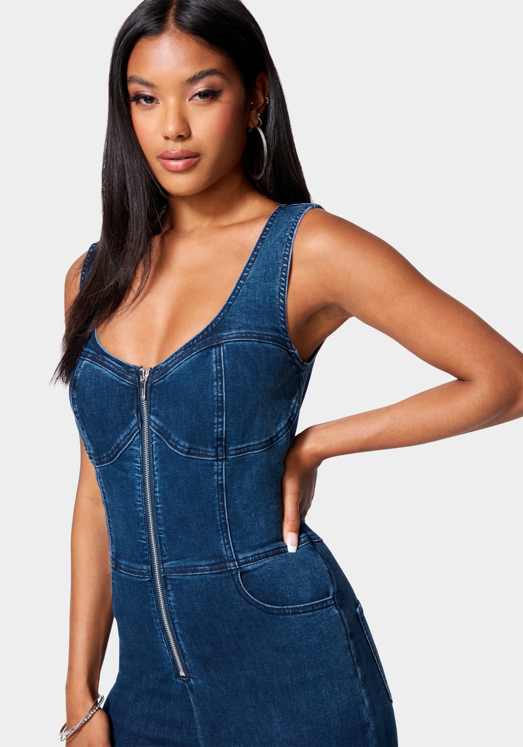 Skinny Leg Front Zip Denim Jumpsuit