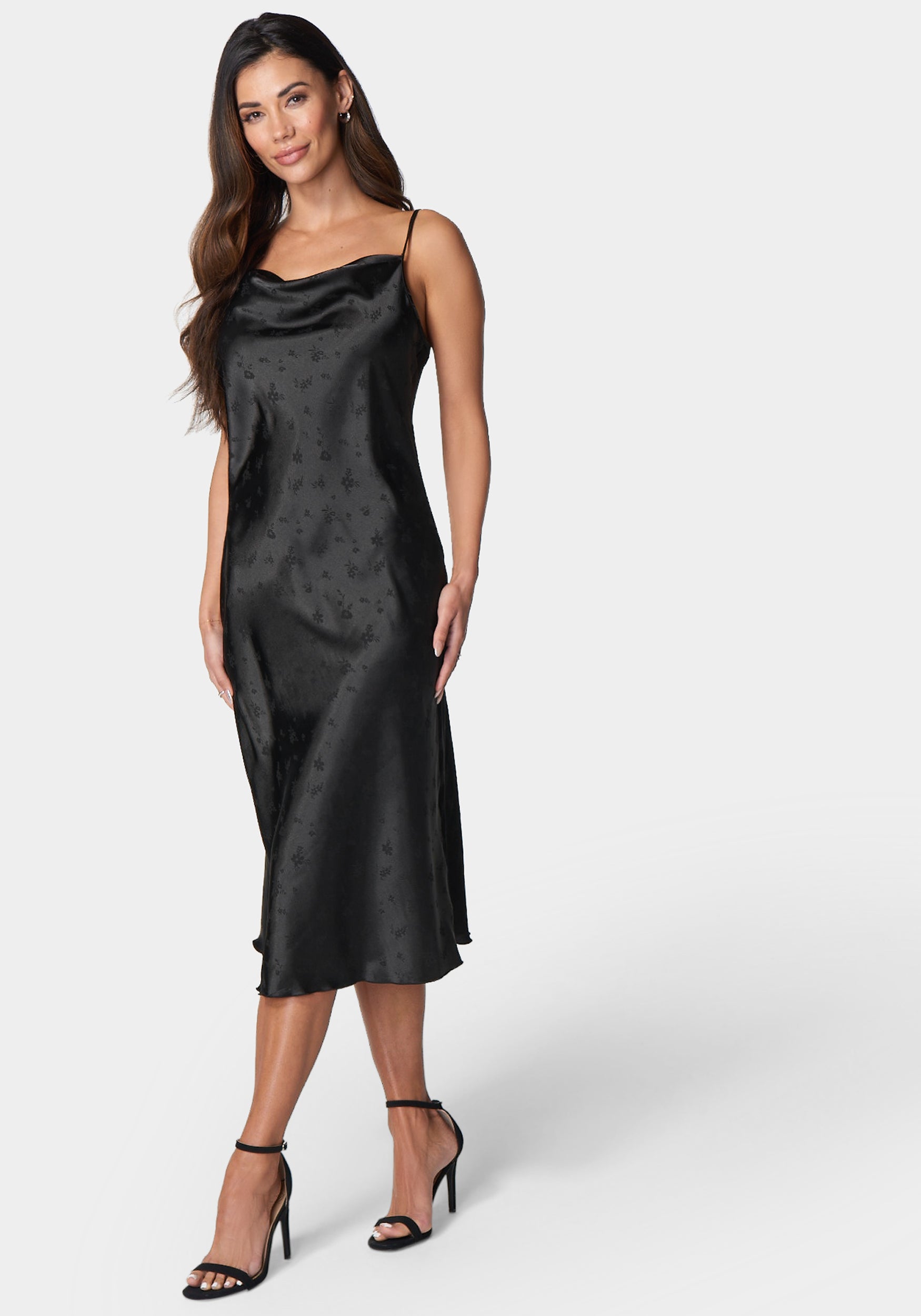 Cowl Neck Midi Satin Jacquard Dress