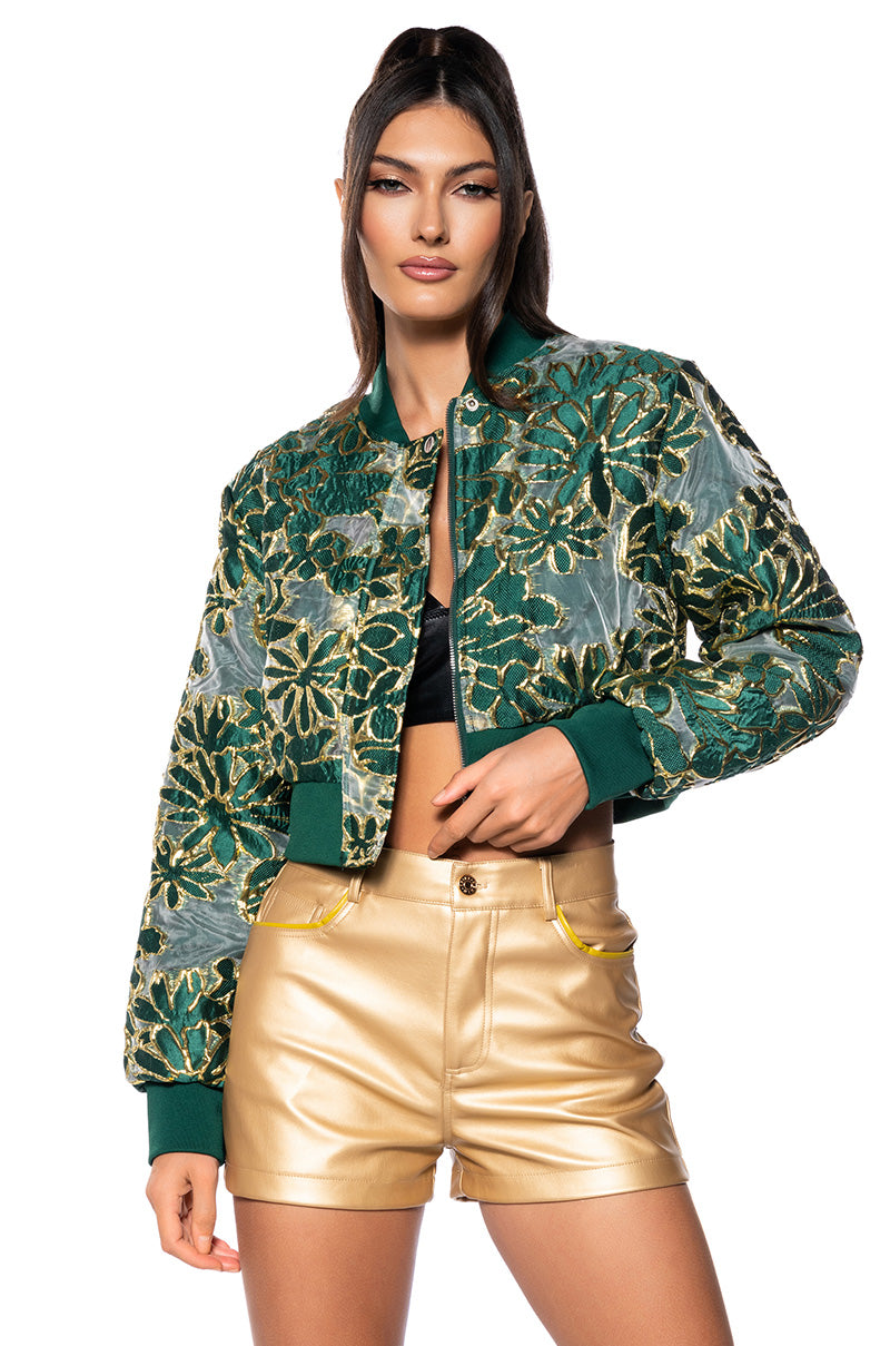 HOLIDAY TAPESTRY\ BOMBER WITH SHEER BROCADE