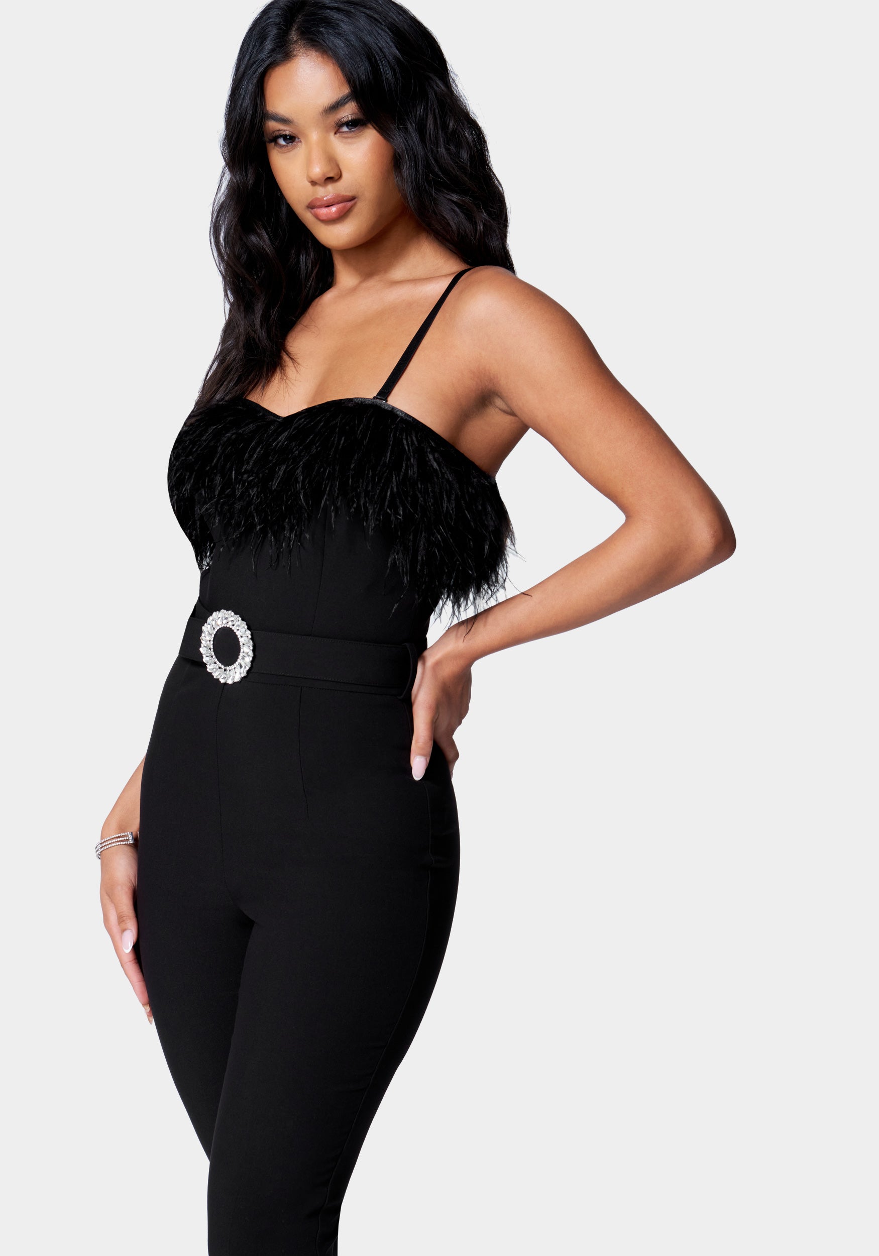 Feather Trim Slim Leg Belted Jumpsuit