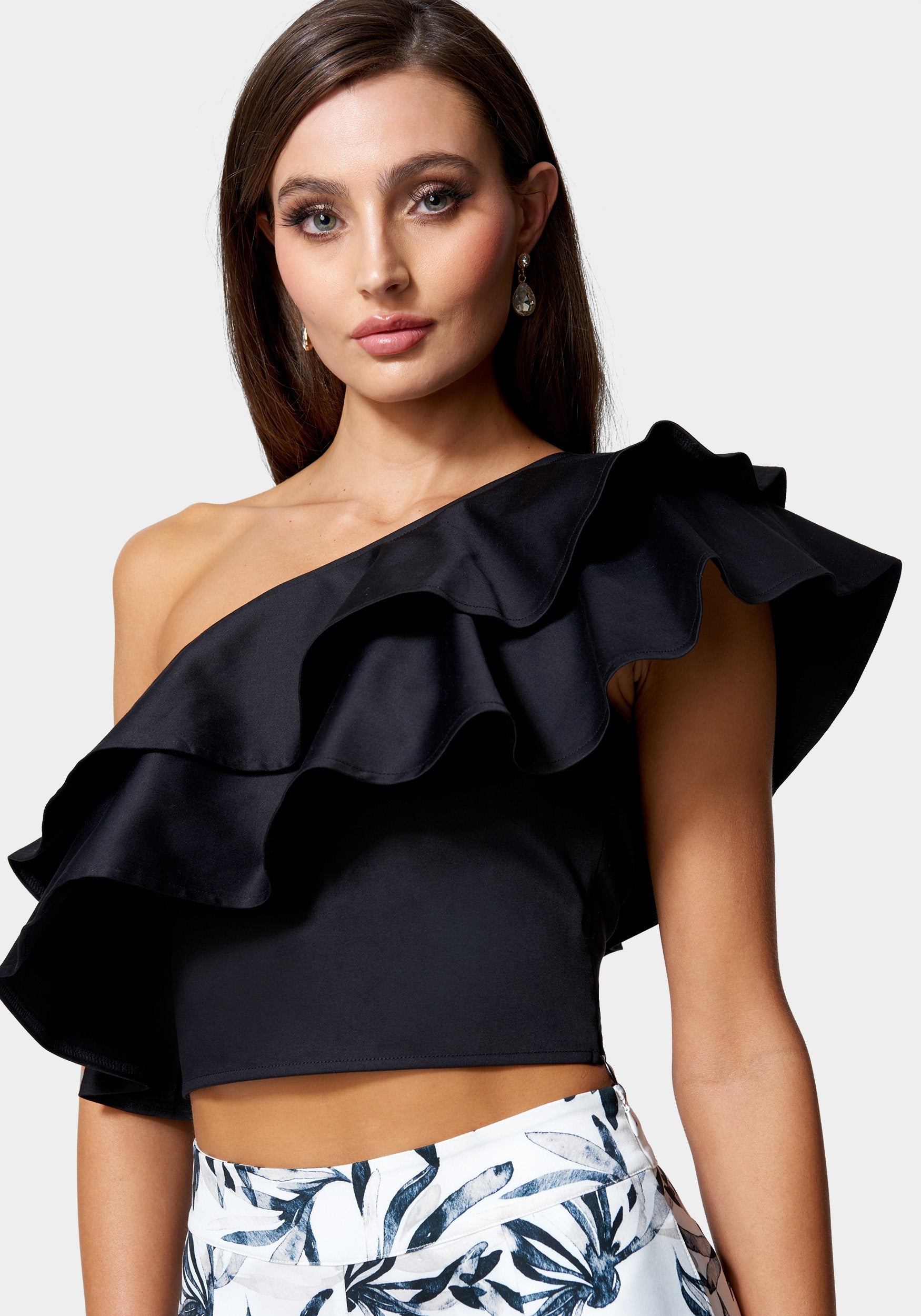 Poplin One Shoulder Ruffle Neck Top