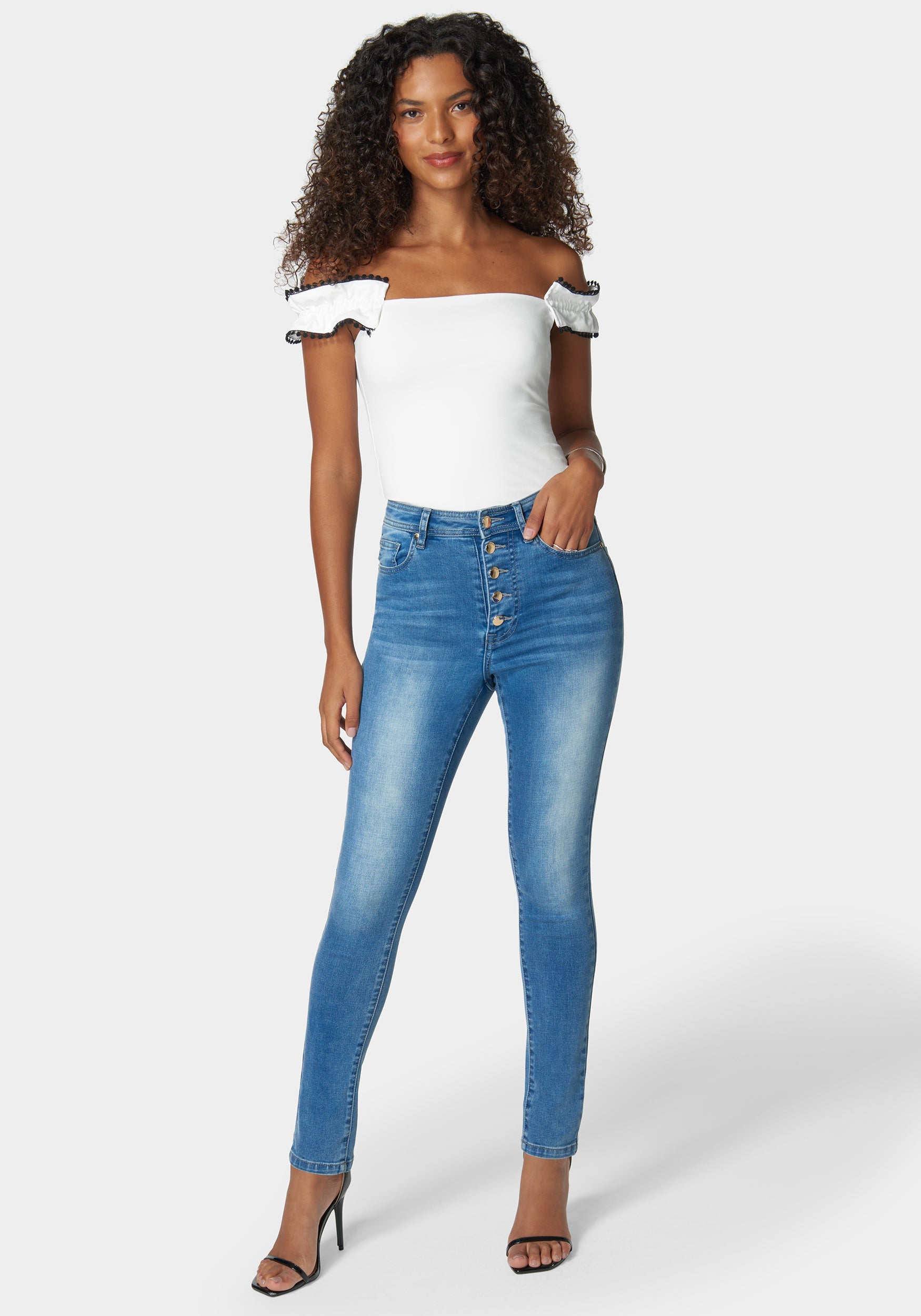 Skinny High Waist Denim With Multi Front Buttons