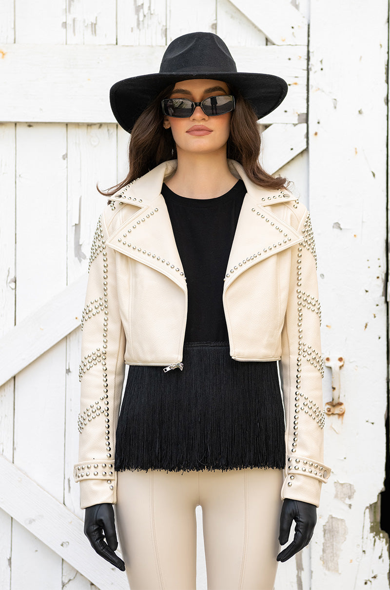 BEIGE PLEATHER TRENCH COAT WITH STUDS